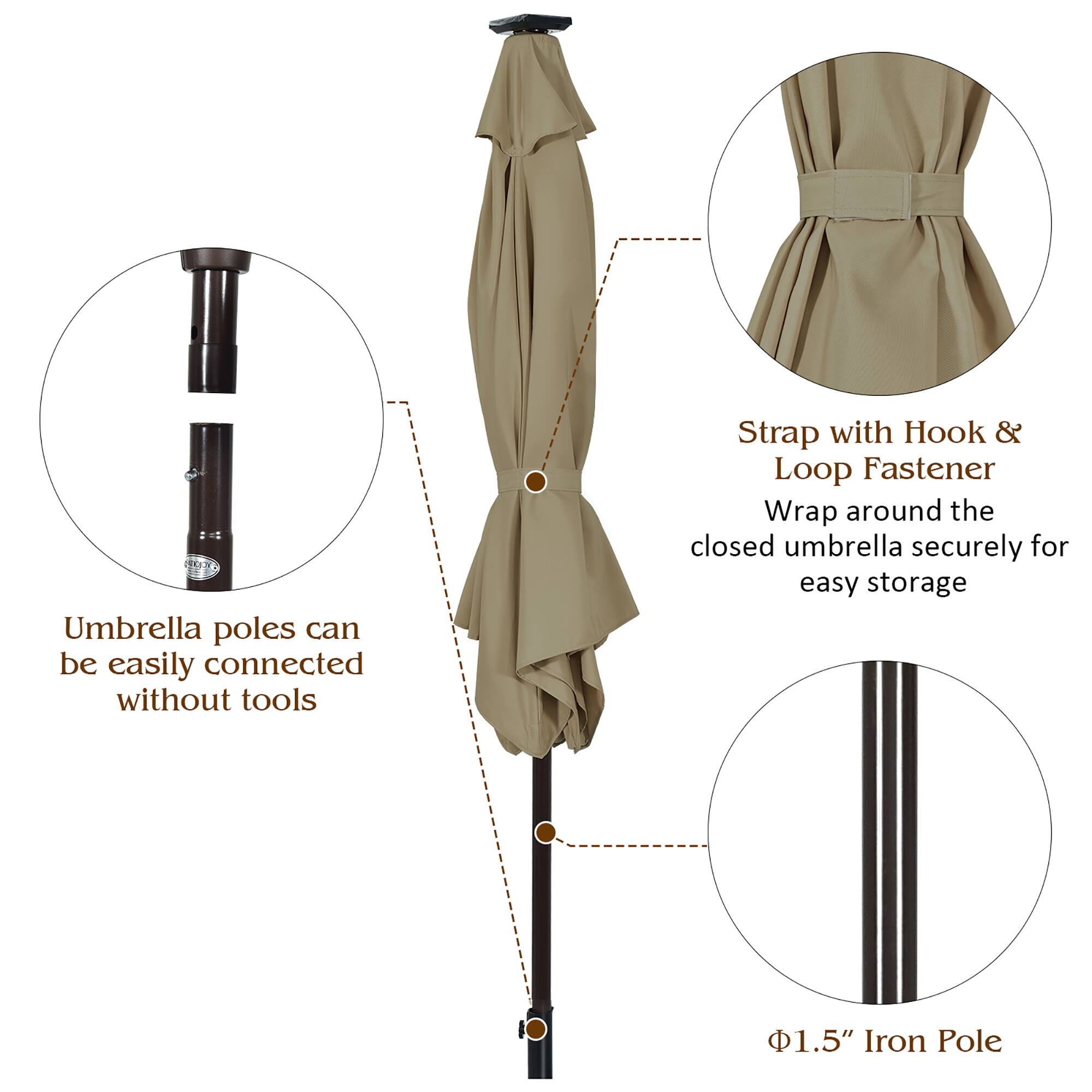 The image shows an umbrella pole with a hook and loop fastener, which is used to secure the umbrella when it is closed. The pole is made of iron and is 1.5 inches in diameter. The umbrella pole can be easily connected without the need for any tools, making it convenient for users. The umbrella pole is also shown in a diagram with labels explaining its features and how it works.