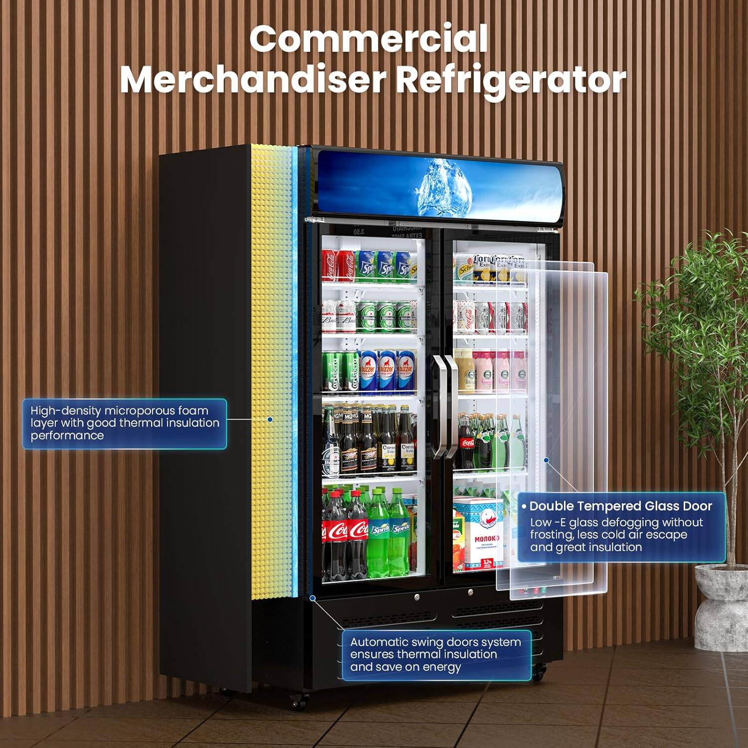 Commercial Merchandiser Refrigerator

- High-density microporous foam layer with good thermal insulation performance
- Double Tempered Glass Door
  - Low-E glass defogging without frosting, less cold air escape, and great insulation
- Automatic swing doors system ensures thermal insulation and saves on energy