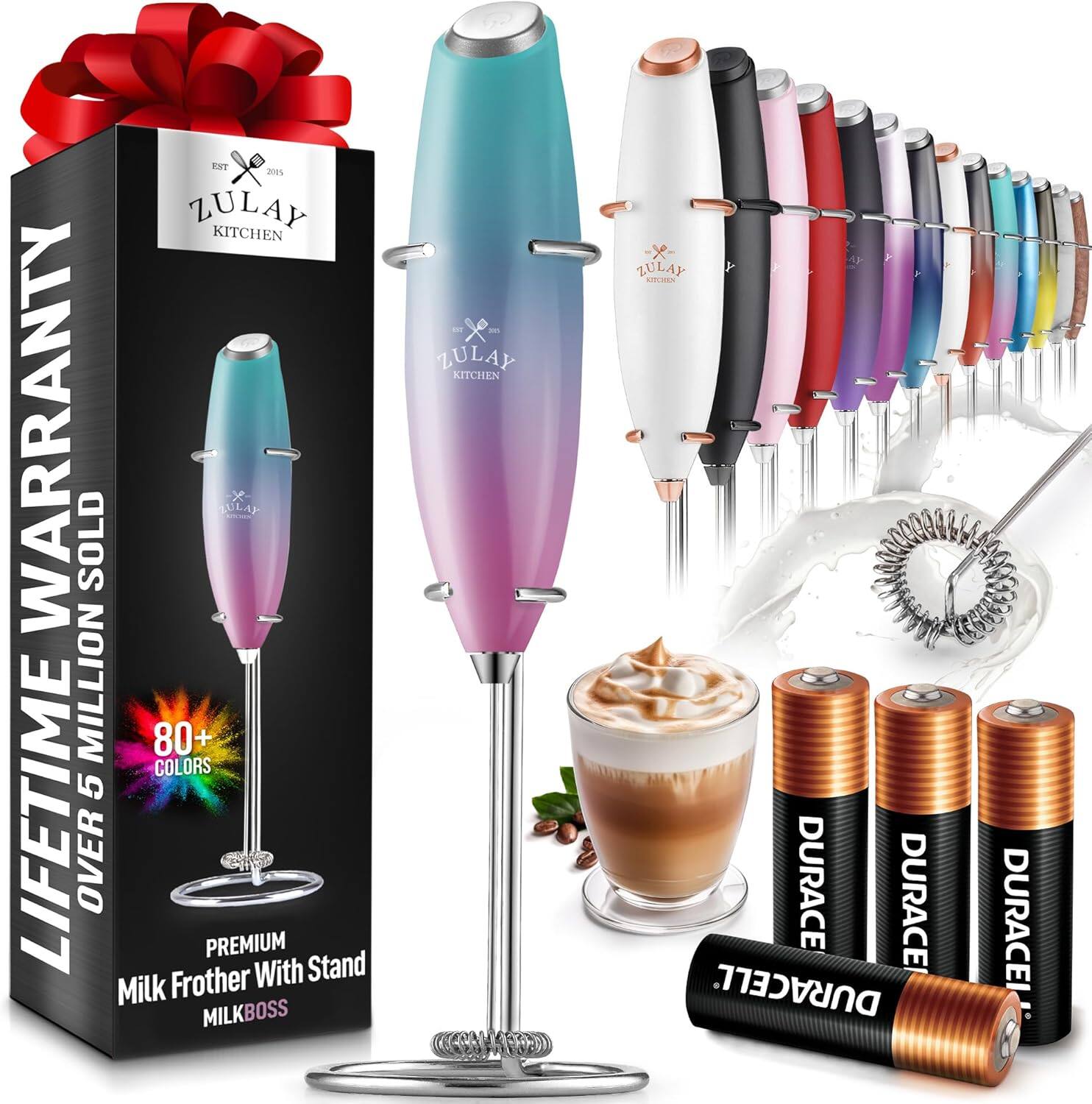 ZULAY KITCHEN  
EST 2015  

LIFETIME WARRANTY  
OVER 5 MILLION SOLD  

80+ COLORS  

PREMIUM Milk Frother With Stand  
MILKBOSS  

DURACELL