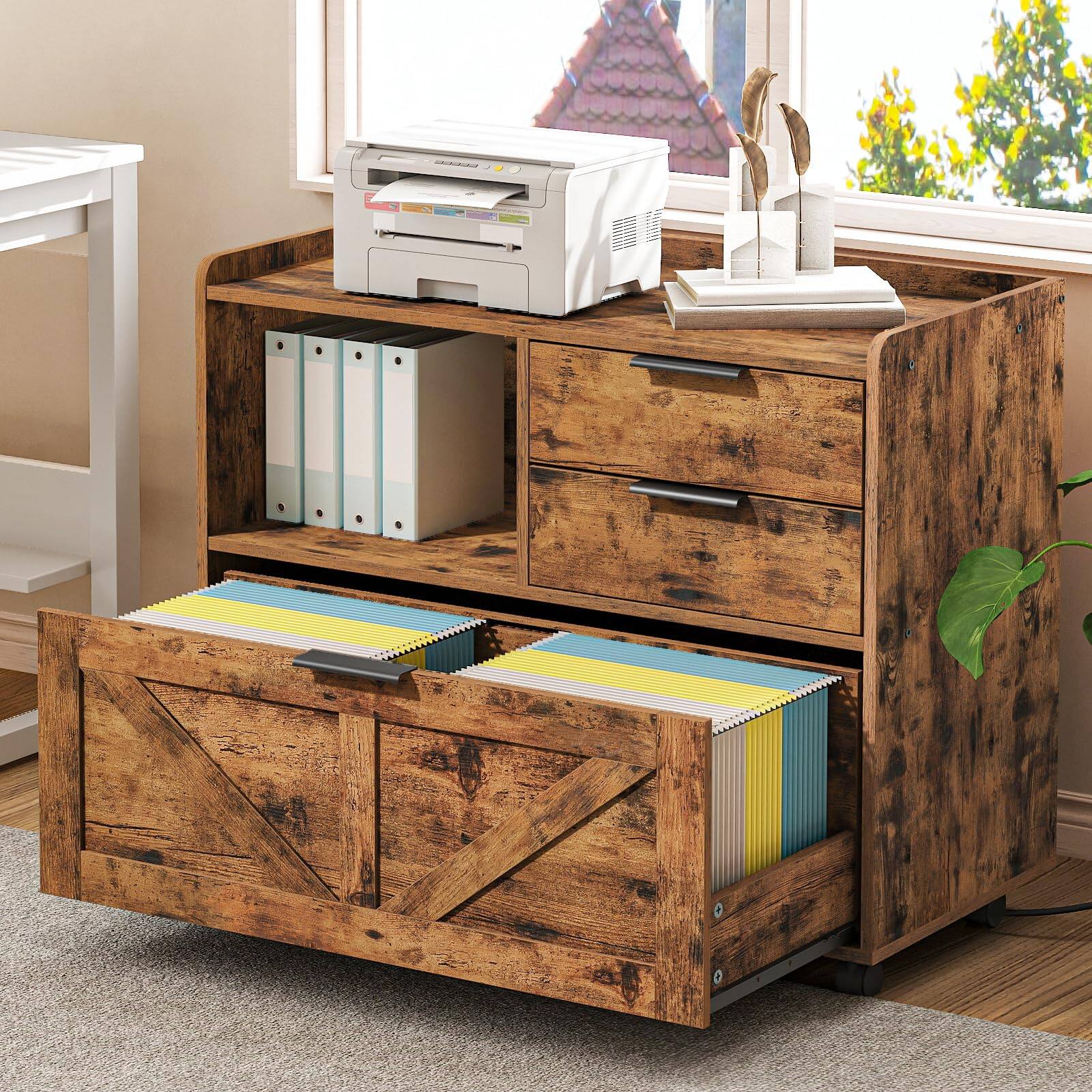 Alt View 1. Hirose Alice - Lateral File Cabinet en Storage Drawers With Charging Station Filing For Home A4/letter/legal-sized Files Printer Stand - Black.