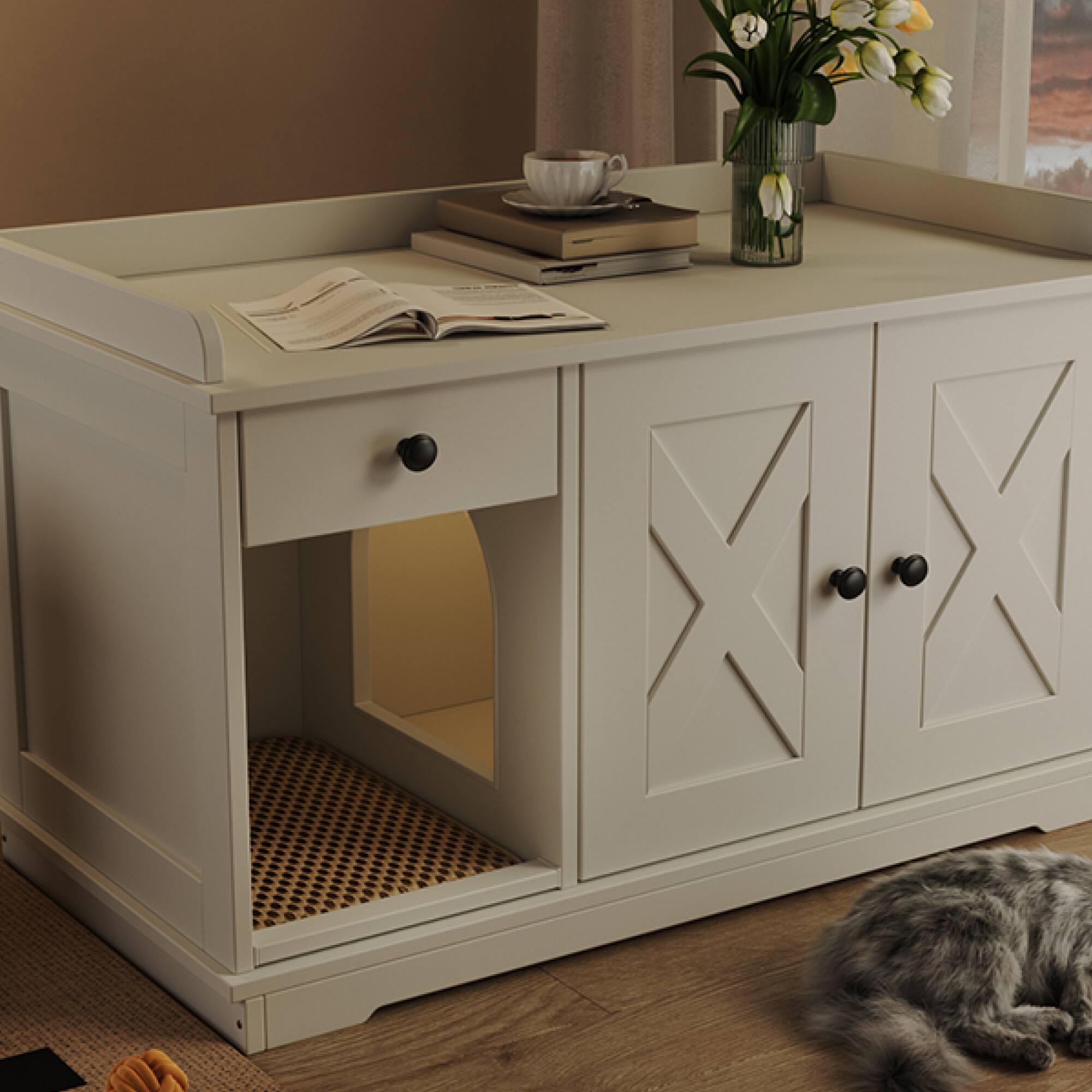 Alt View 6. ELEMENT ACE - Farmhouse Style Cat Litter Box Enclosure Furniture with Storage Drawer and Built-in Mat for Indoor Use - White.