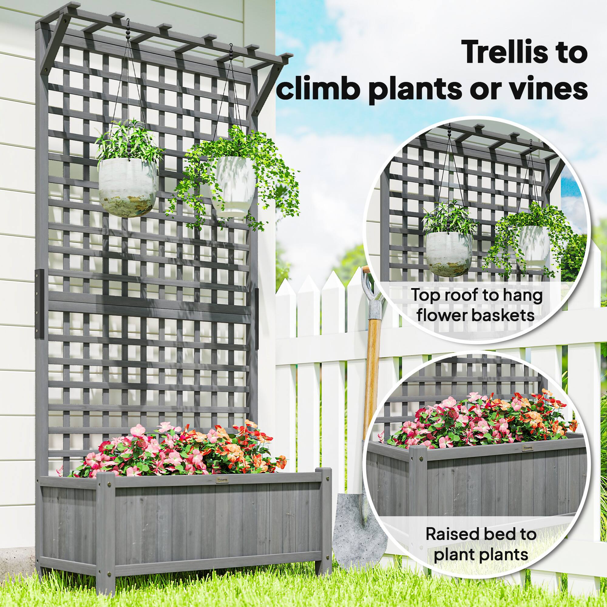 Trellis to climb plants or vines  
Top roof to hang flower baskets  
Raised bed to plant plants