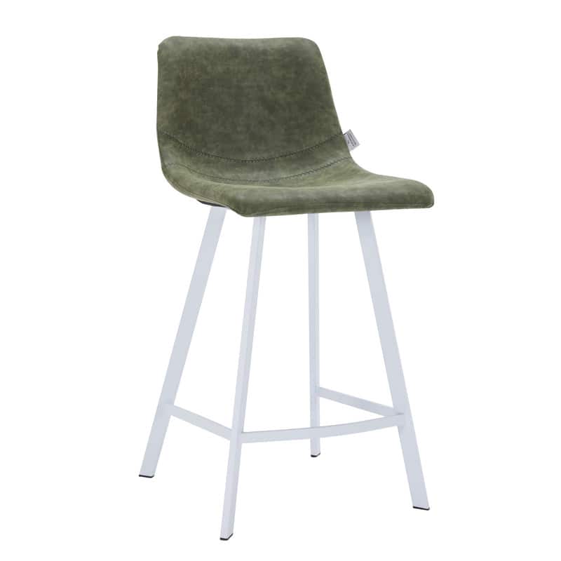 LeisureMod - Elland 24-Inch Counter Stool with White Base, Modern Upholstered Leather Counter Height Barstool - Olive Green