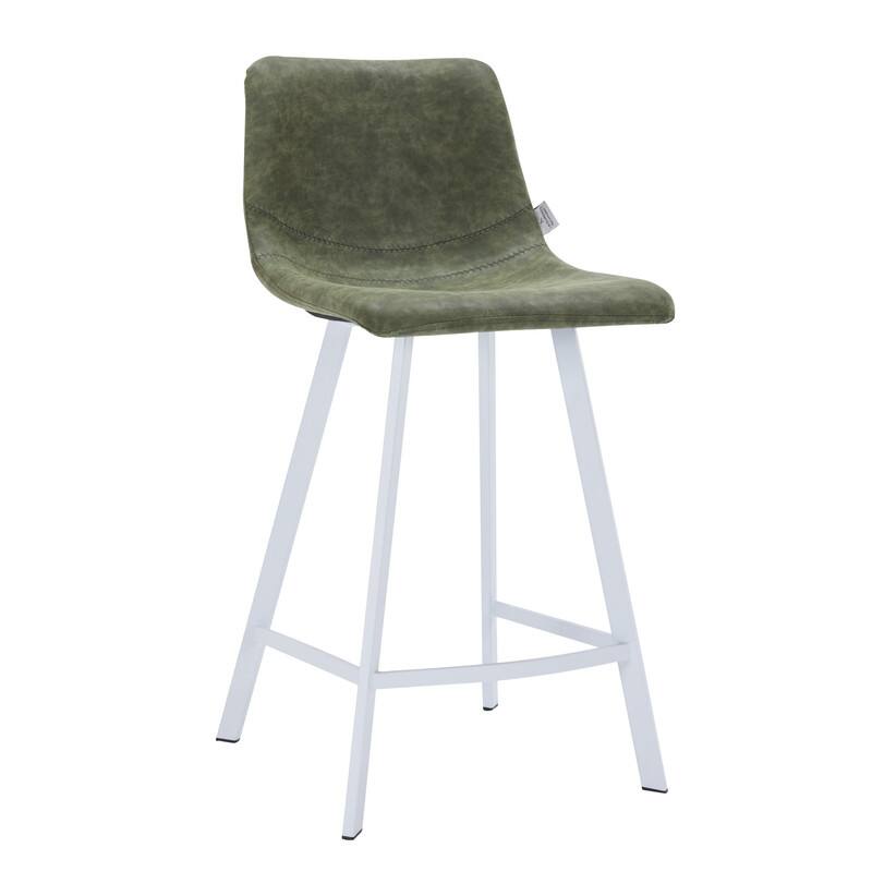 Front. LeisureMod - Elland 24-Inch Counter Stool with White Base, Modern Upholstered Leather Counter Height Barstool - Olive Green.