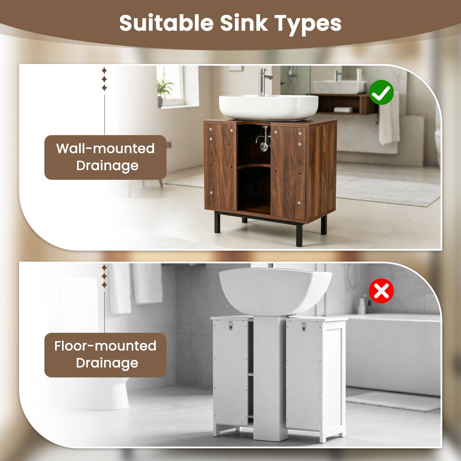 Suitable Sink Types

- Wall-mounted Drainage
- Floor-mounted Drainage
