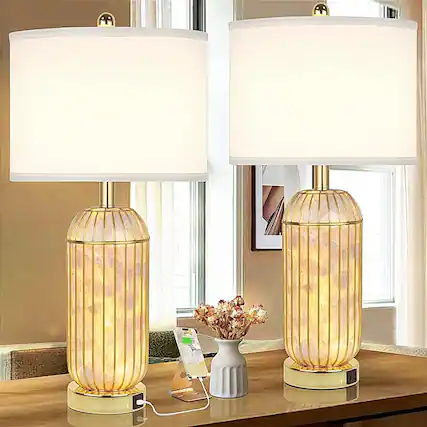 Front. Nordic Hygge - Gold Table Lamps Set of 2, Capiz Shell Bedside Lamps with LED Nightlight, 26" Plating Nightstand Lamp - Gold and White Shell Table Lamp.
