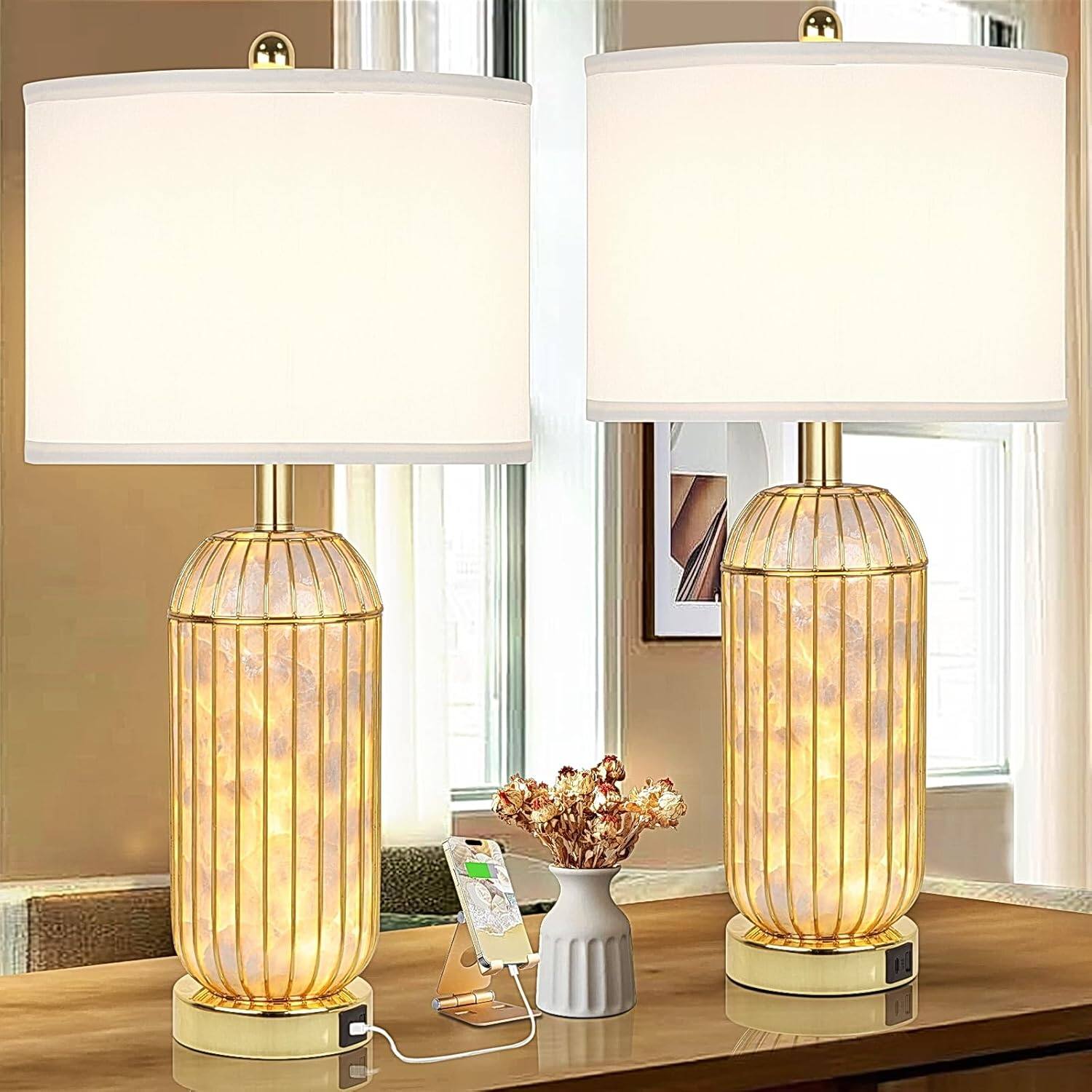 Front. Nordic Hygge - Gold Table Lamps Set of 2, Capiz Shell Bedside Lamps with LED Nightlight, 26" Plating Nightstand Lamp - Gold and White Shell Table Lamp.