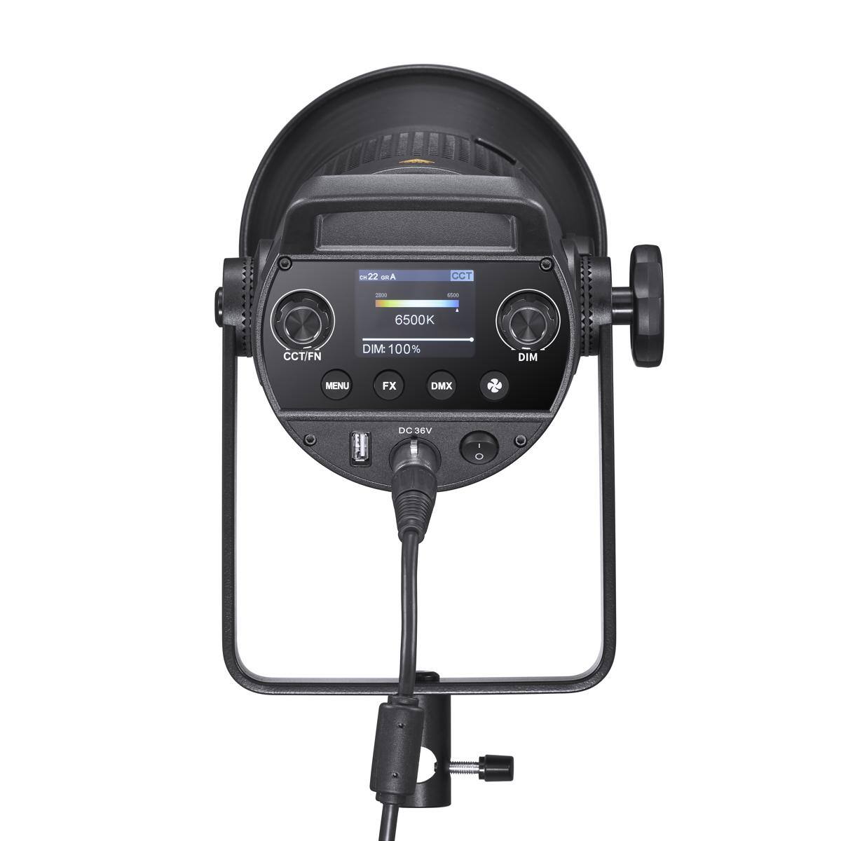 22 Am CCT I sho0 6500K CCT/FN DIM: 100% % DIM MENU FX DMX DC 36V