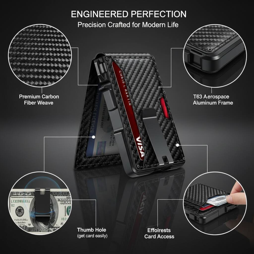 ENGINEERED PERFECTION  
Precision Crafted for Modern Life  

Premium Carbon Fiber Weave  
T63 Aerospace Aluminum Frame  

Thumb Hole (get card easily)  
Effolrests Card Access