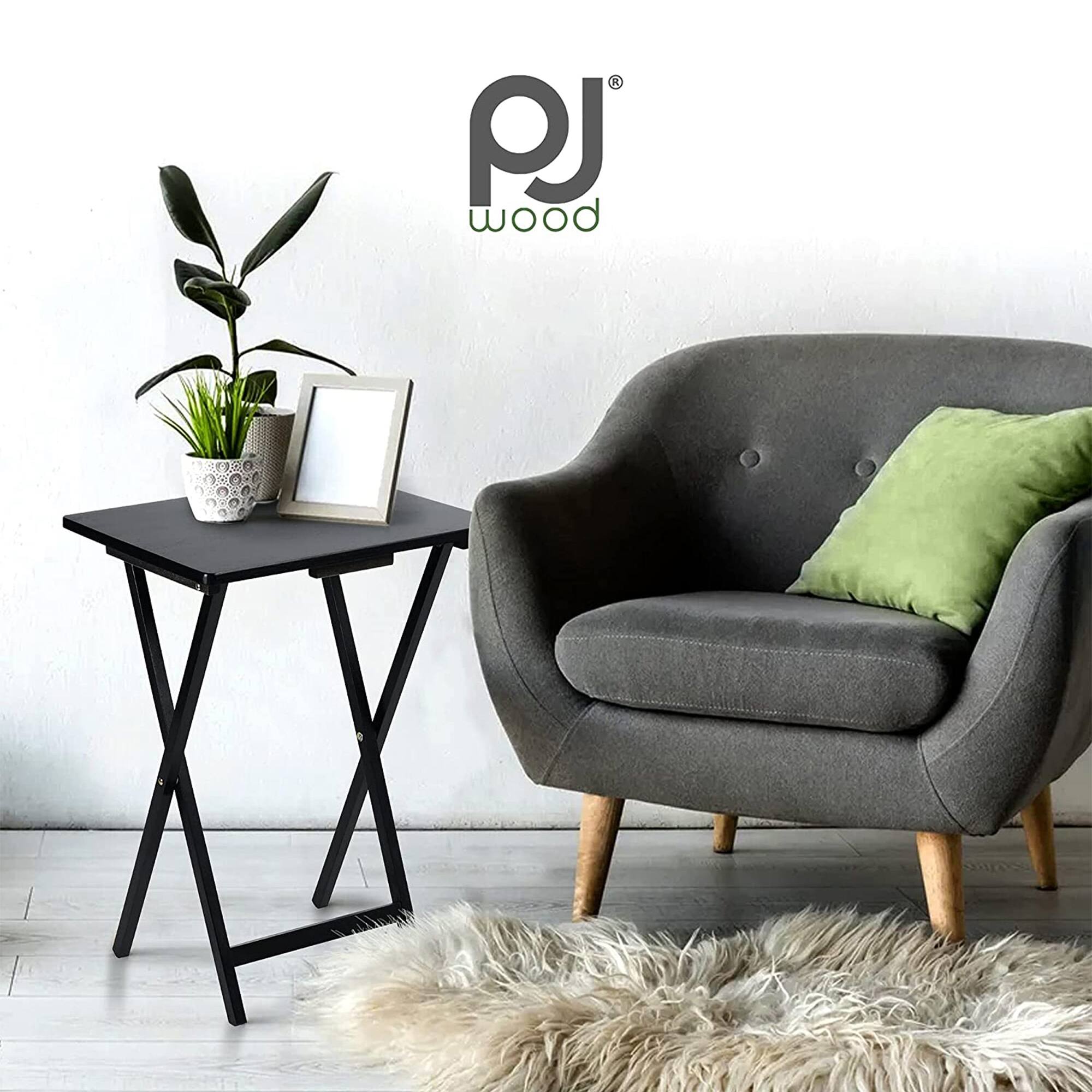 Alt View 10. PJ Wood - PJ Wood Folding TV Tray, Portable Wooden Table Set with Storage, Black, 6 Piece - White.