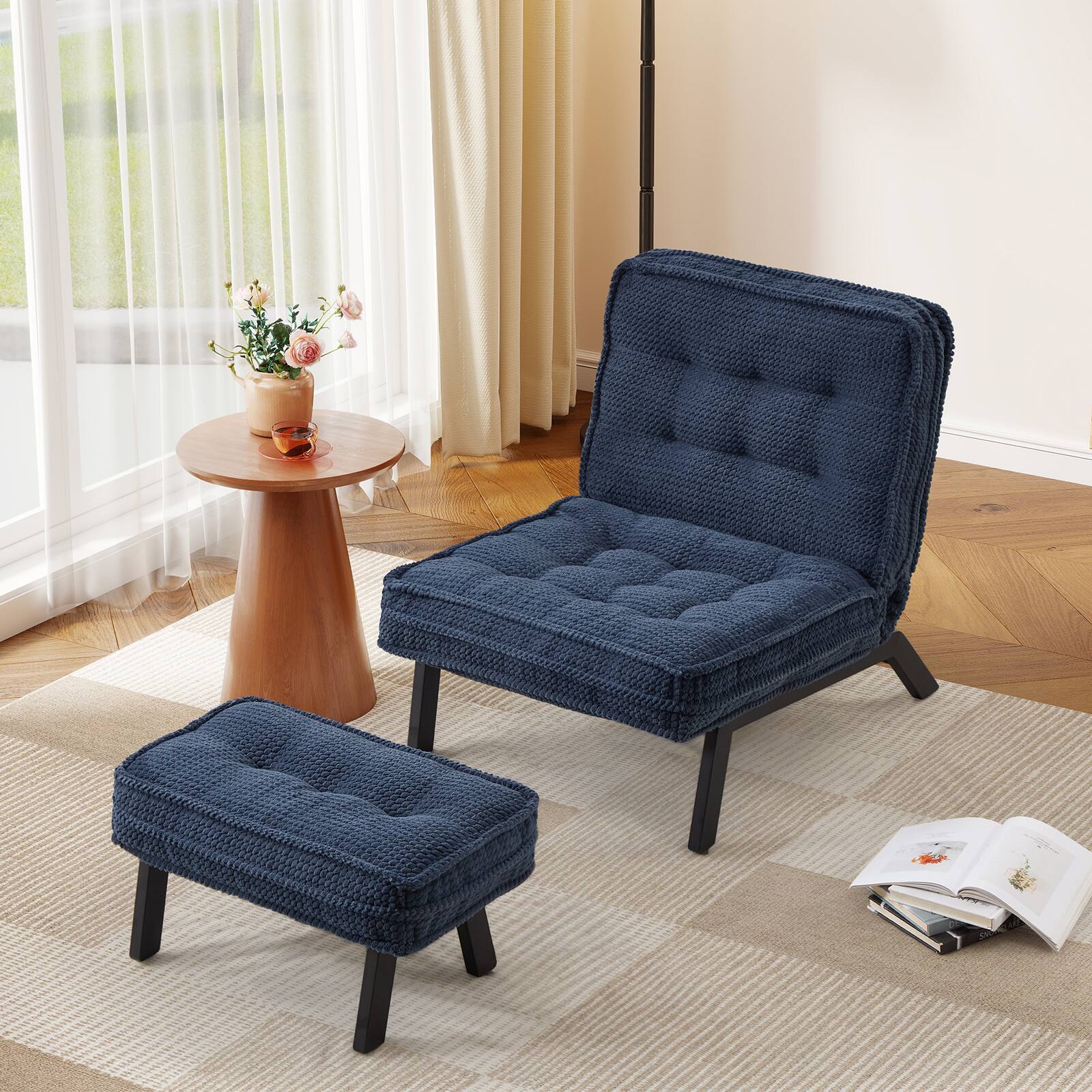 Alt View 3. Bestier - Accent Chair with Adjustable Backrest, Tufted Lounge Chair with Ottoman, Upholstered Reclining Chair for Reading Room - Navy Blue.