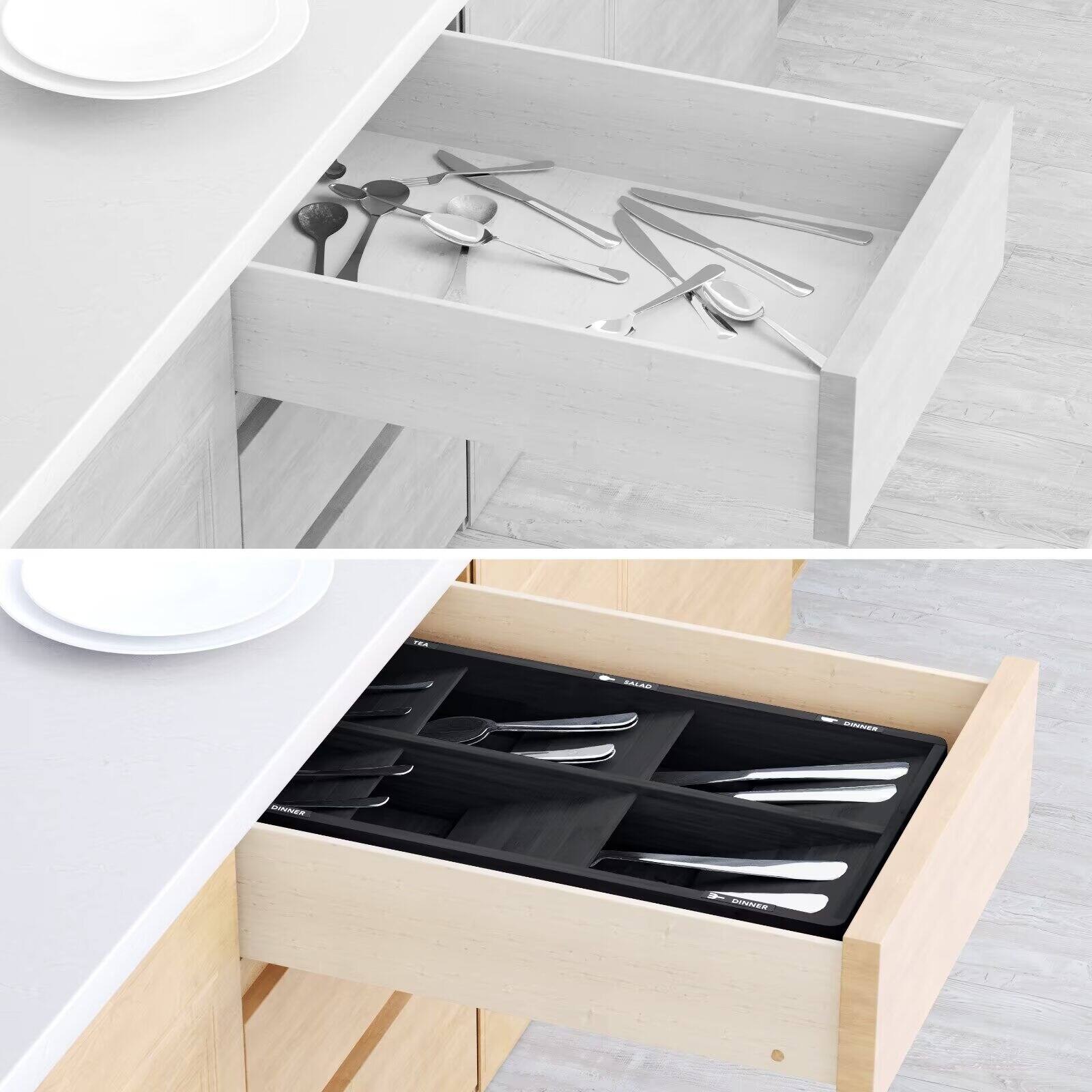 Back. Tooloton - Bamboo Flatware Drawer Organizer Tray with 6 Slots and Labels for Utensil Storage (Black Color) - Black.