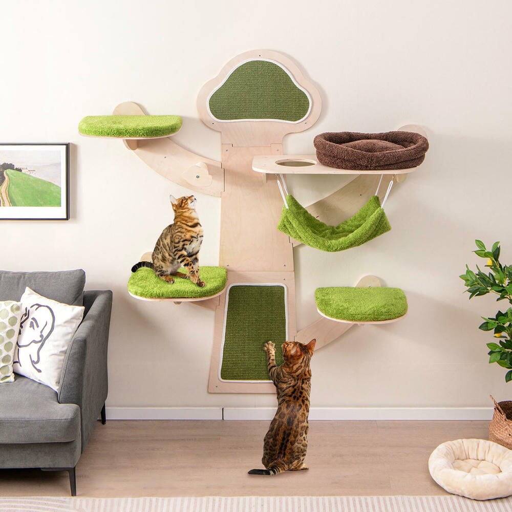 Back. Kadyn - Wall-Mounted Cat Shelves with Plush Bed Furniture Set, Green - Green.