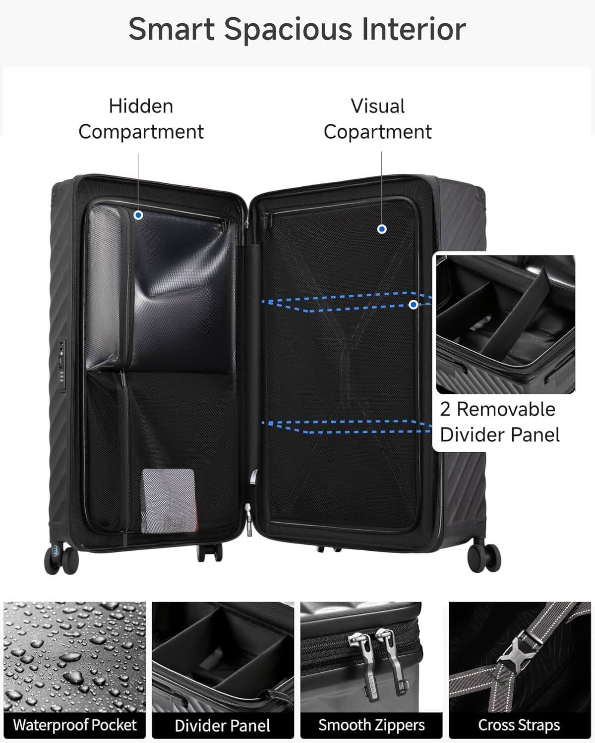 Smart Spacious Interior

- Hidden Compartment
- Visual Copartment
- 2 Removable Divider Panel
- Waterproof Pocket
- Divider Panel
- Smooth Zippers
- Cross Straps