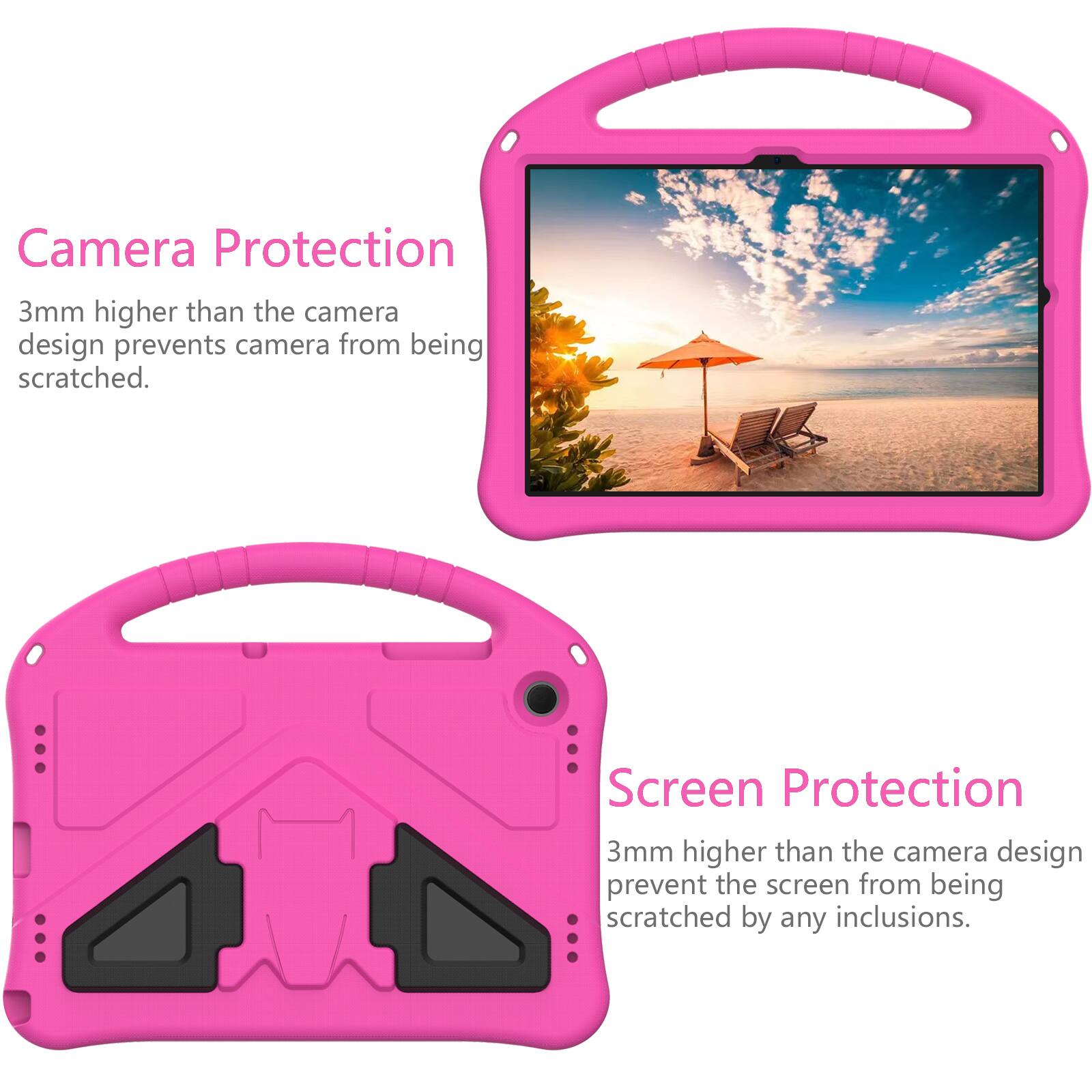 Camera Protection  
3mm higher than the camera design prevents camera from being scratched.  

Screen Protection  
3mm higher than the camera design prevent the screen from being scratched by any inclusions.