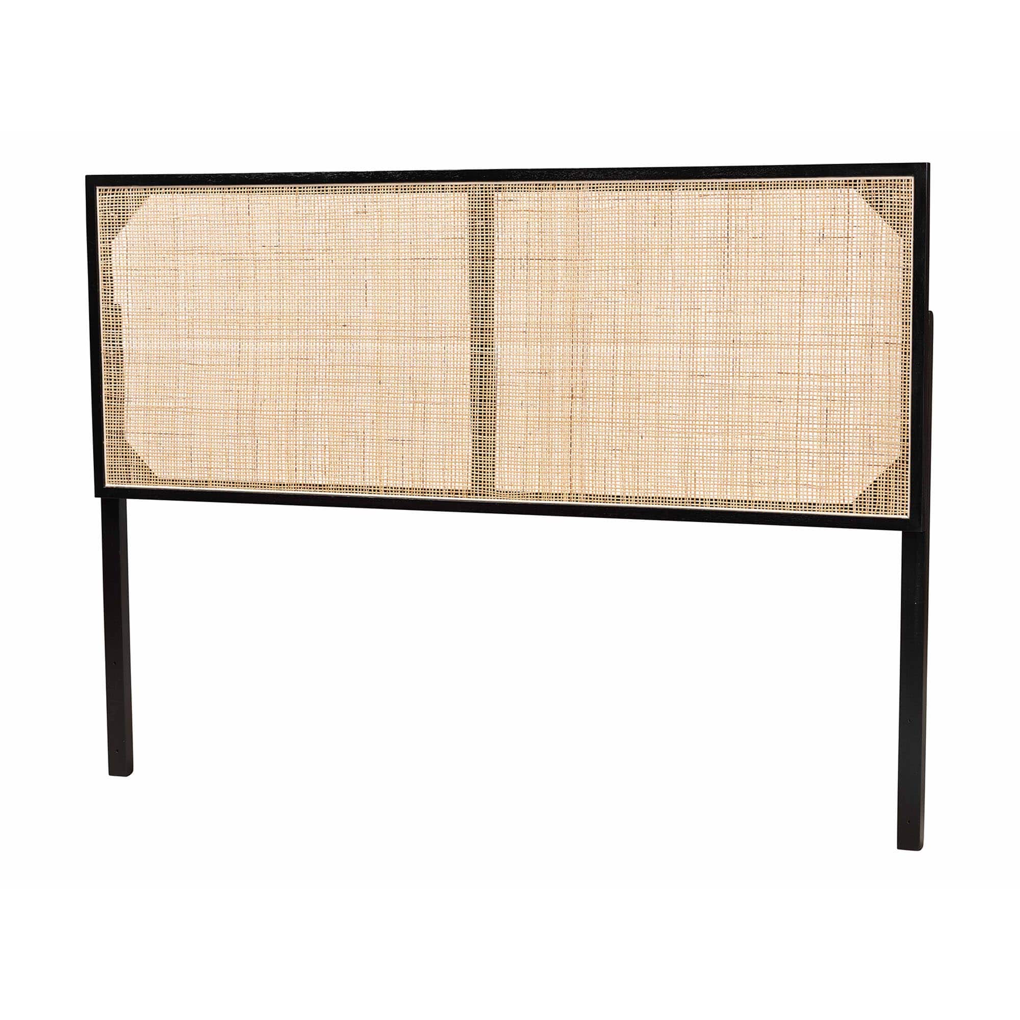 bali & pari - Aurelia Modern Bohemian Finished Bayur Wood and Natural Rattan Queen Size Headboard - Black/Natural Brown