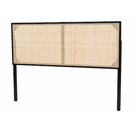 Front. bali & pari - Aurelia Modern Bohemian Finished Bayur Wood and Natural Rattan Queen Size Headboard - Black/Natural Brown.