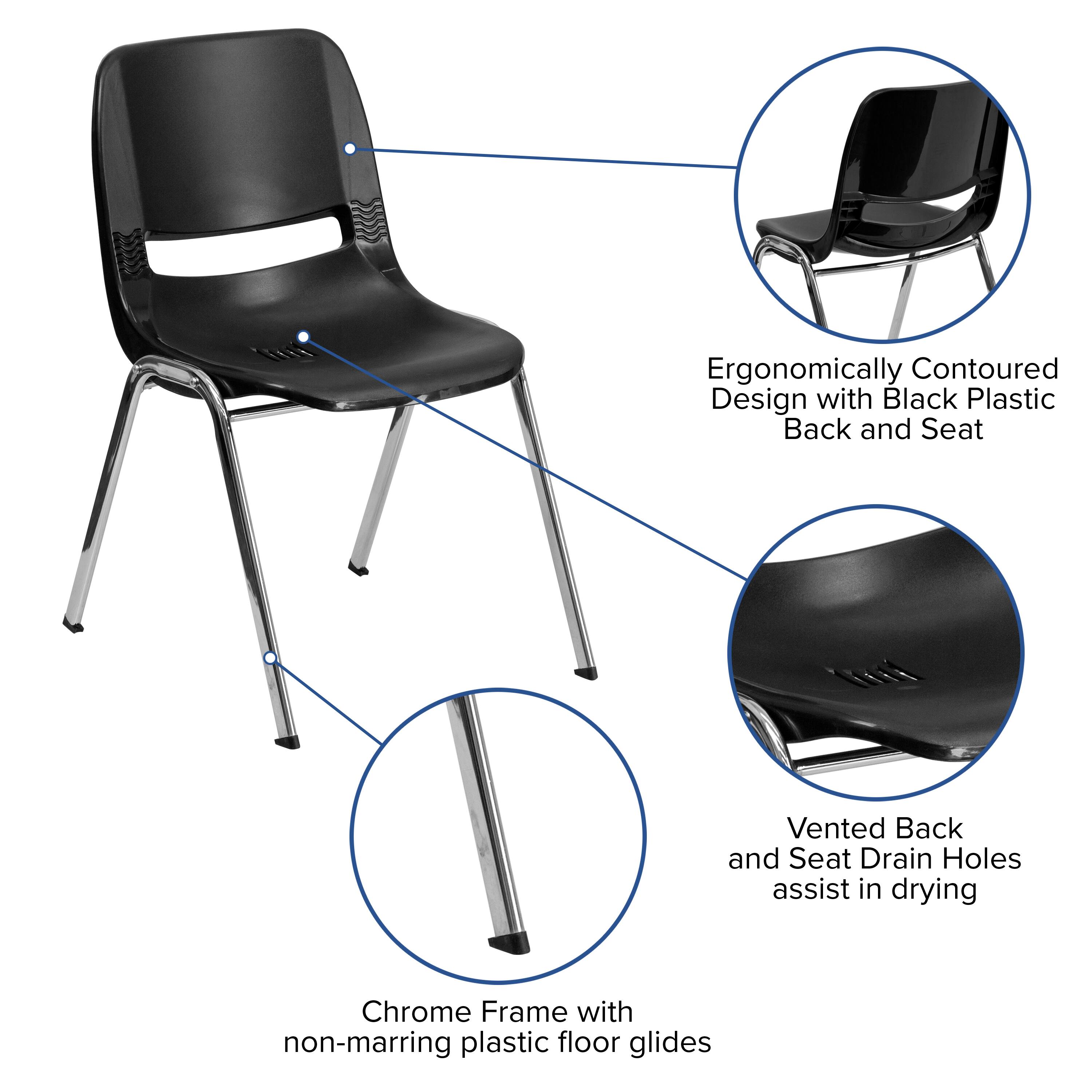 Ergonomically Contoured Design with Black Plastic Back and Seat  
Vented Back and Seat Drain Holes assist in drying  
Chrome Frame with non-marring plastic floor glides