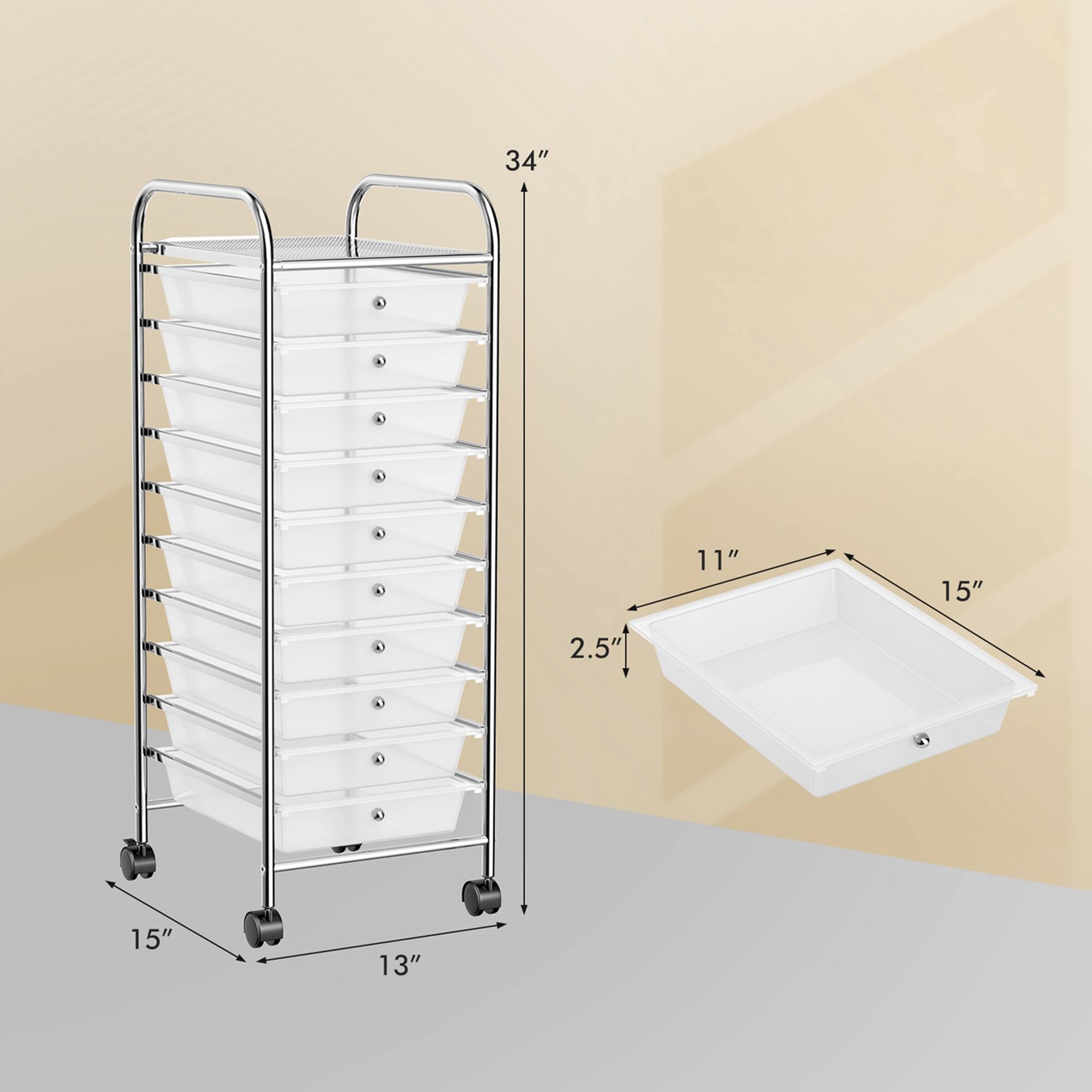The image shows a white rack with a tray on top of it. The tray is 15 inches long and 13 inches wide. The rack is 34 inches tall.