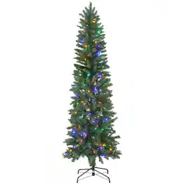 Sweetcrispy - Pre-lit Slim Hinged Christmas Tree with Multicolor LED Lights - Green