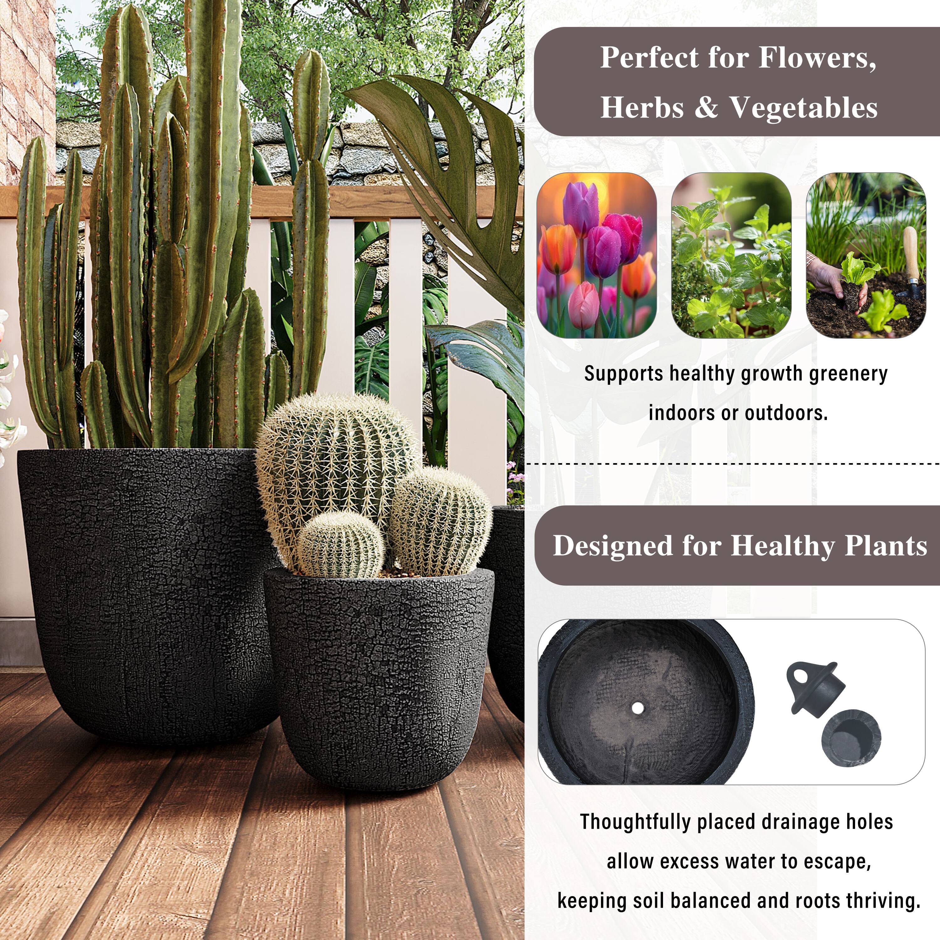 Perfect for Flowers, Herbs & Vegetables

Supports healthy growth greenery indoors or outdoors.

Designed for Healthy Plants

Thoughtfully placed drainage holes allow excess water to escape, keeping soil balanced and roots thriving.