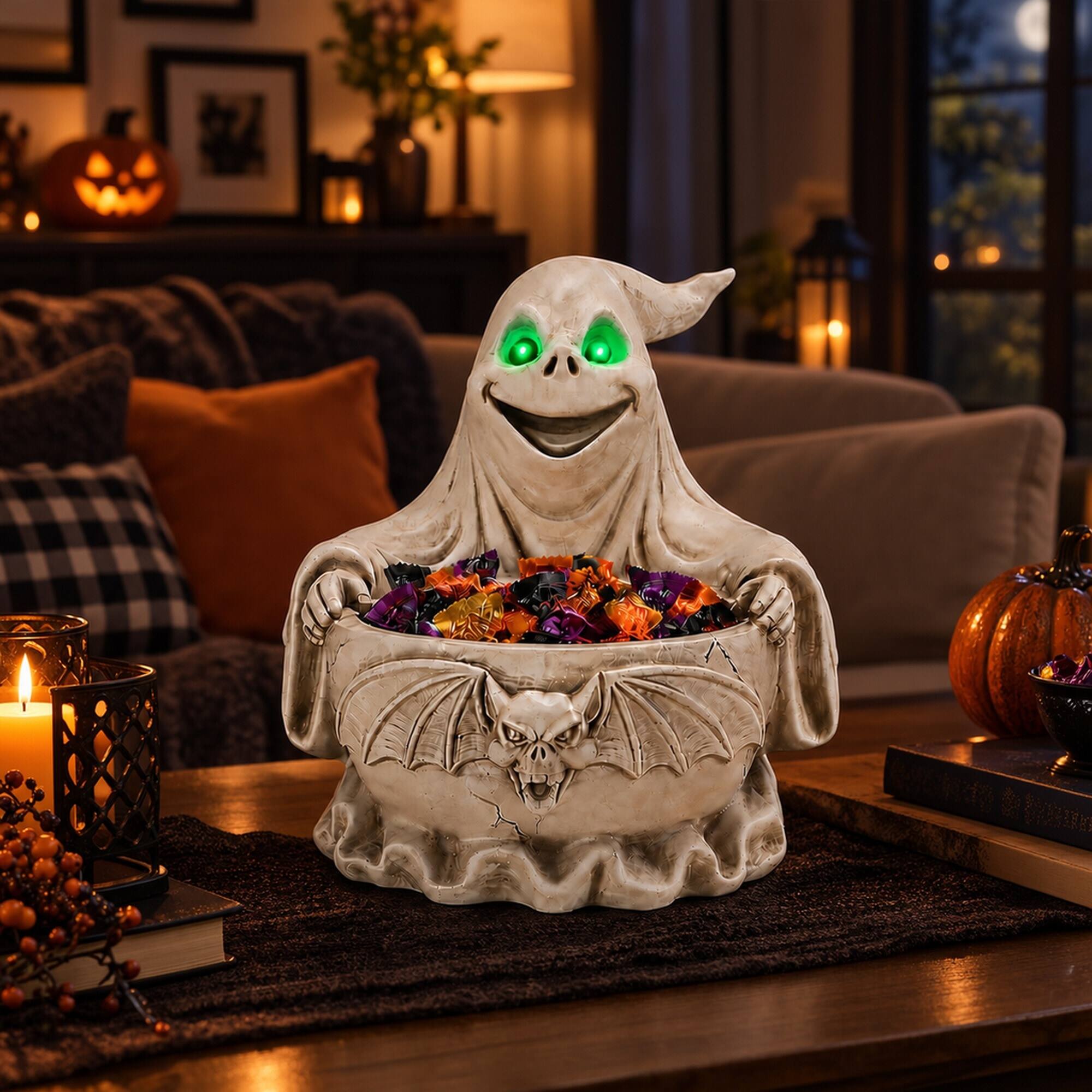 Left. RYHNUYNE - Halloween Ghost Storage Bowl Figurine with LED Glowing Eyes, Spooky Candy Dish and Bat Decor for Party and Home - White.