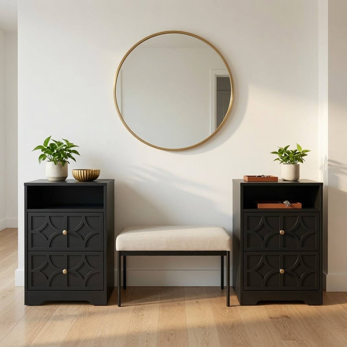 Alt View 2. Loheer - Loheer Set of 2 Black Nightstands with Charging Station, Two Drawers and Open Shelf, 18.9-Inch Wide - Black.