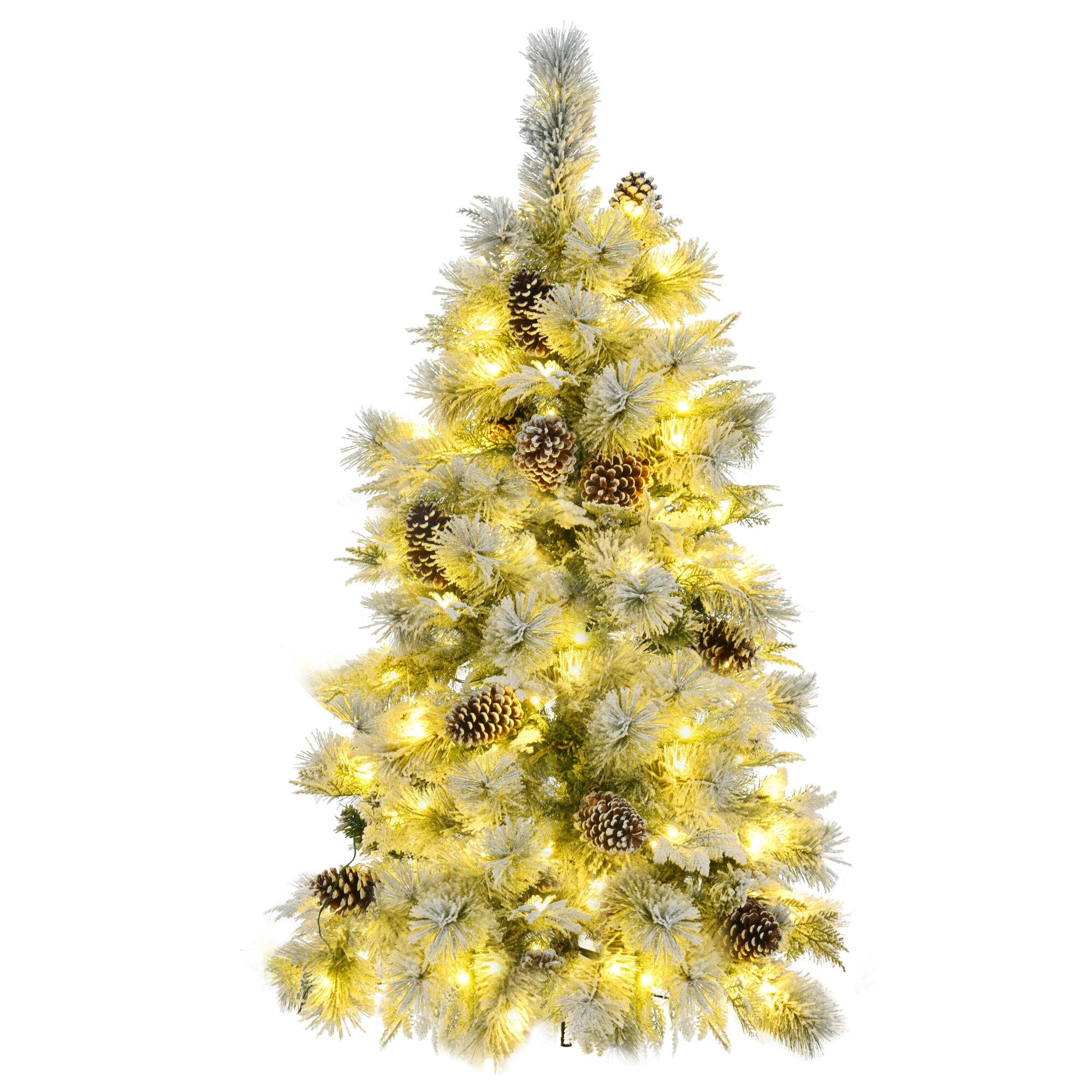 Alt View 4. BreeBe - 4FT Pre-Lit Spruce Snow Flocked Christmas Tree with Pine Cones - White, Green.