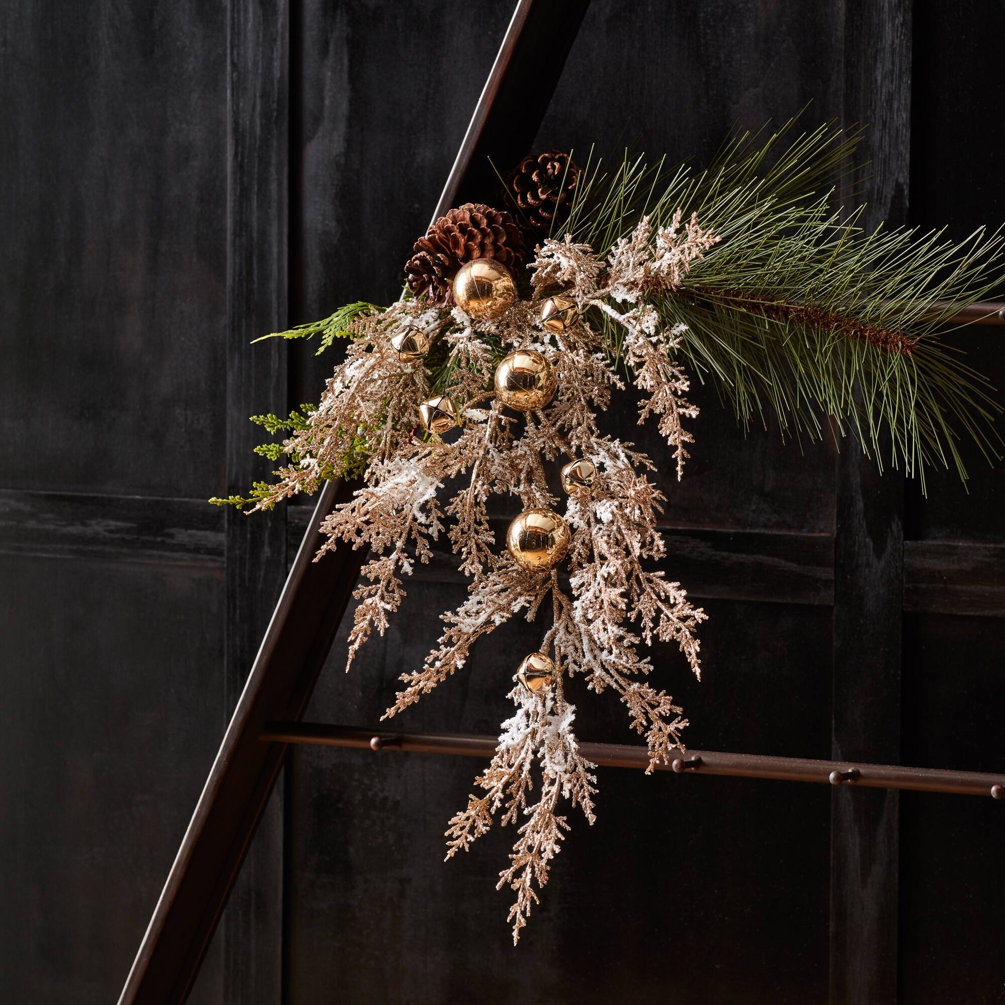 Left. BreeBe - Flocked Sleigh Bell Pine Spray (Set of 2) - Gold, White.