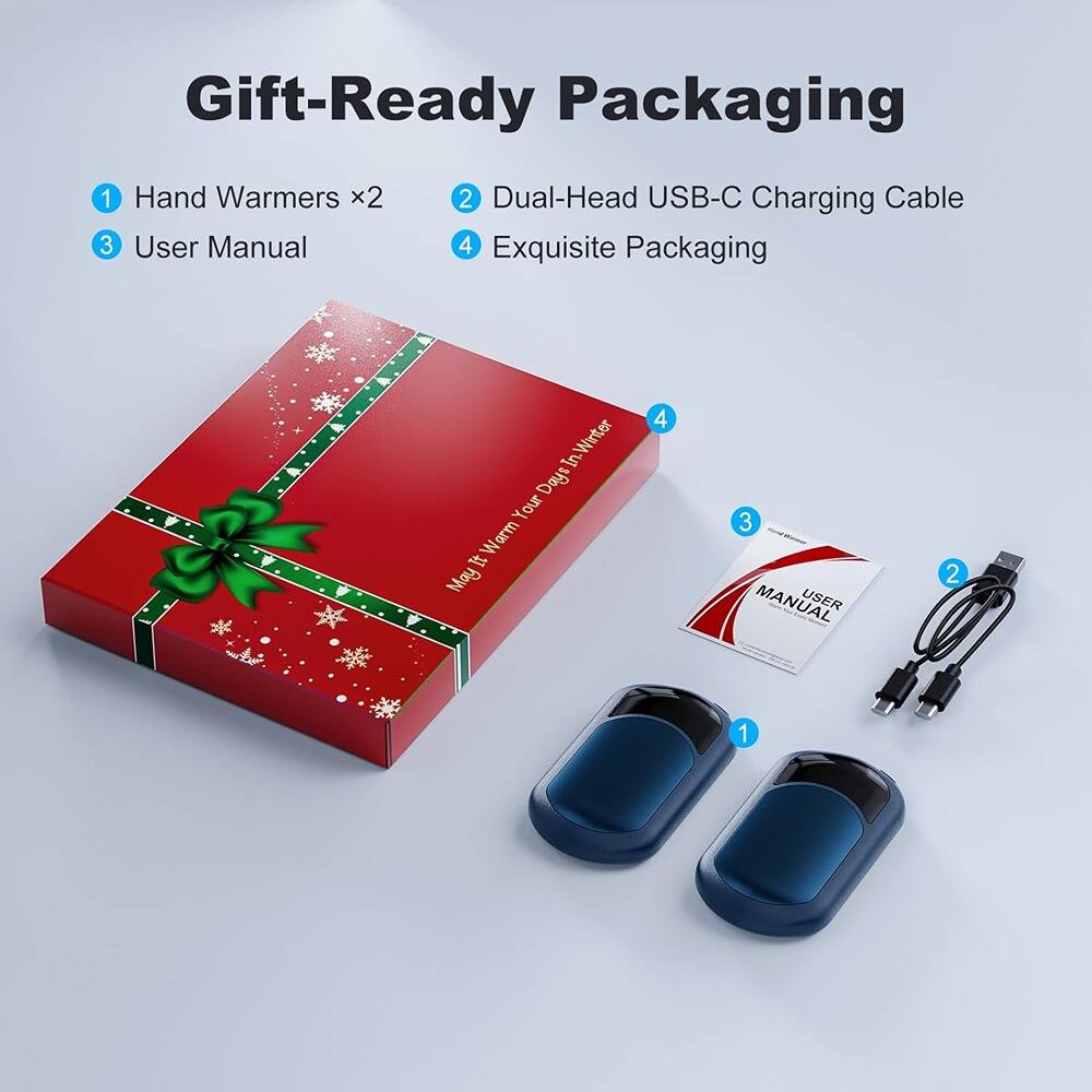 Gift-Ready Packaging

1. Hand Warmers x2
2. Dual-Head USB-C Charging Cable
3. User Manual
4. Exquisite Packaging
