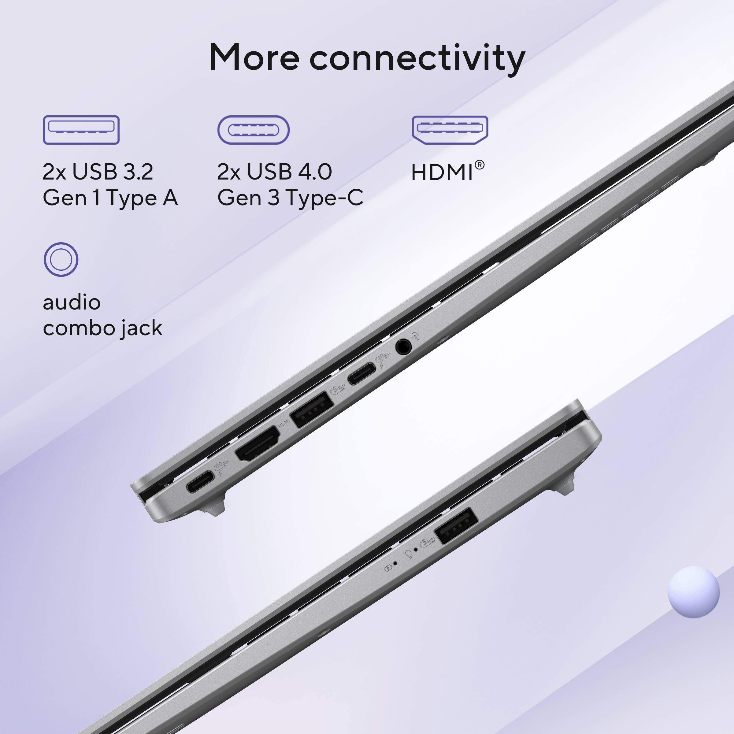 More connectivity

2x USB 3.2 Gen 1 Type A

2x USB 4.0 Gen 3 Type-C

HDMI®

audio combo jack