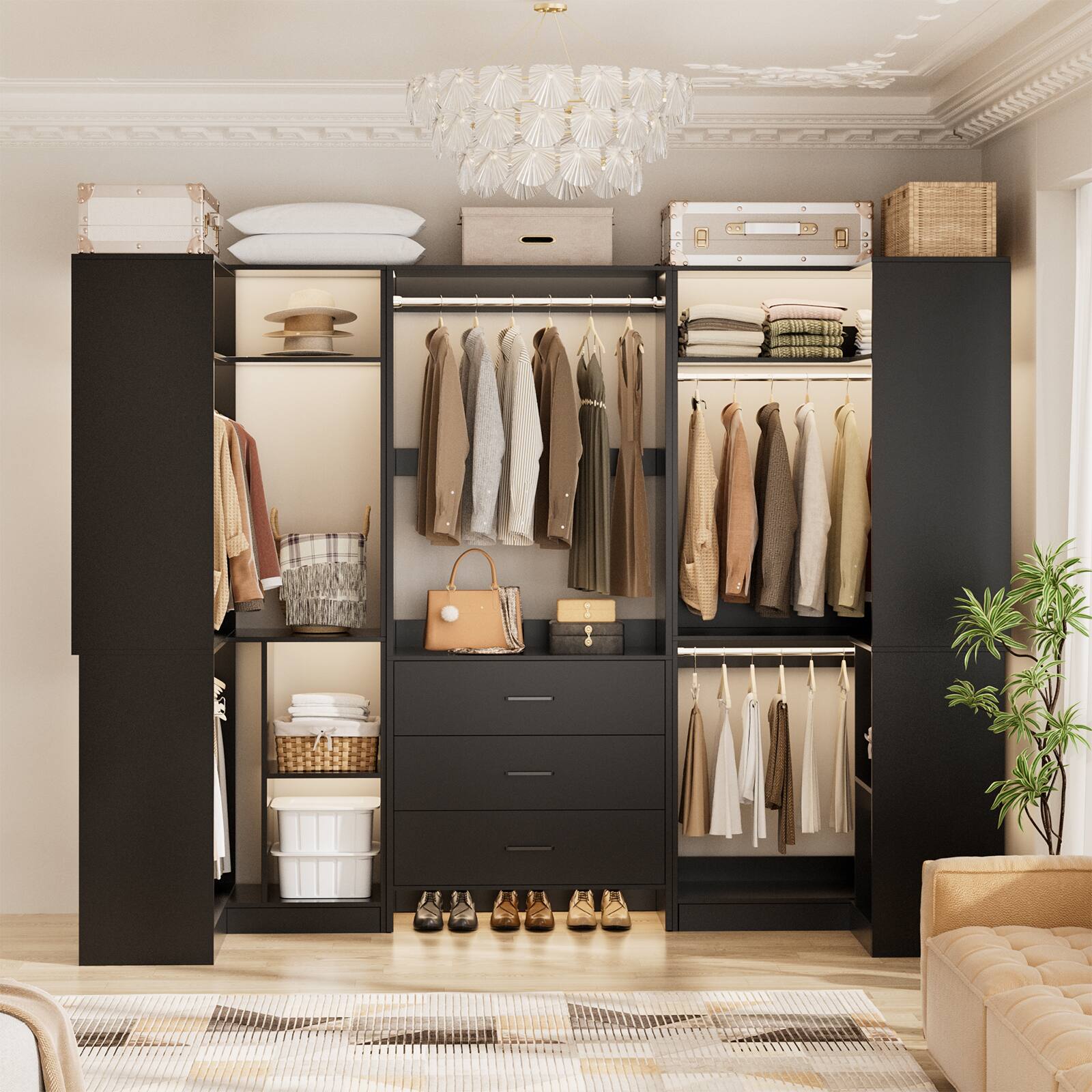 Alt View 2. Aheaplus - 88.8'' With U-Shaped Closet System, Walk-in Wardrobe System with 3 Drawers and 5 Hanging Rods, Set of 3 - Black.