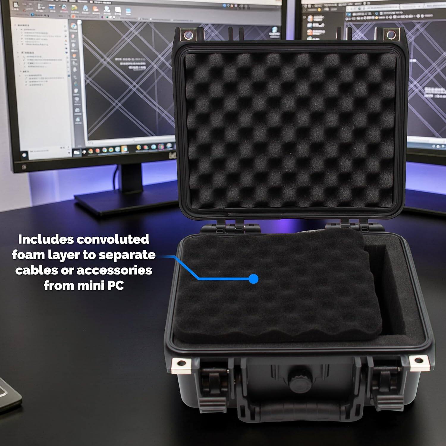 Includes convoluted foam layer to separate cables or accessories from mini PC