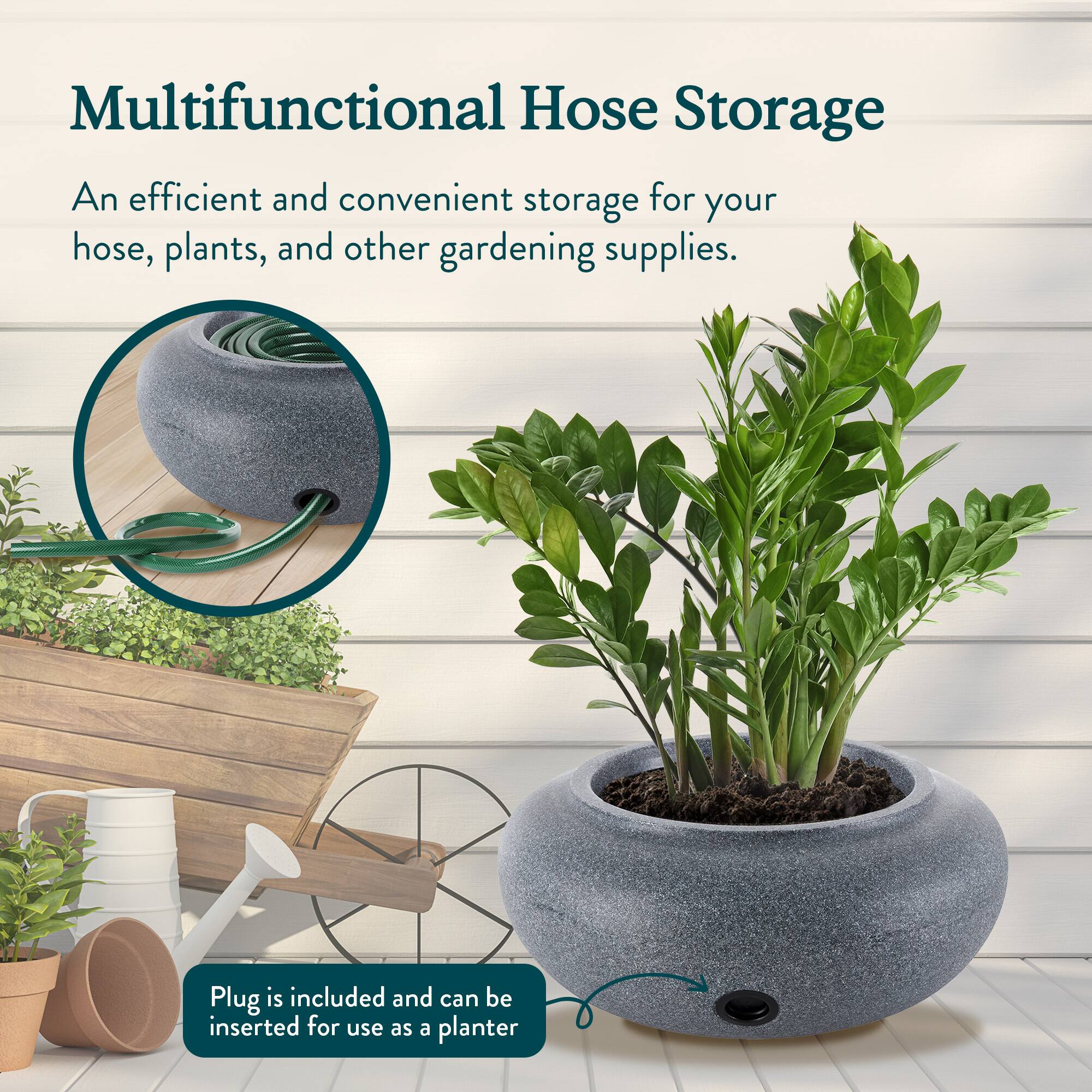 Multifunctional Hose Storage

An efficient and convenient storage for your hose, plants, and other gardening supplies.

Plug is included and can be inserted for use as a planter