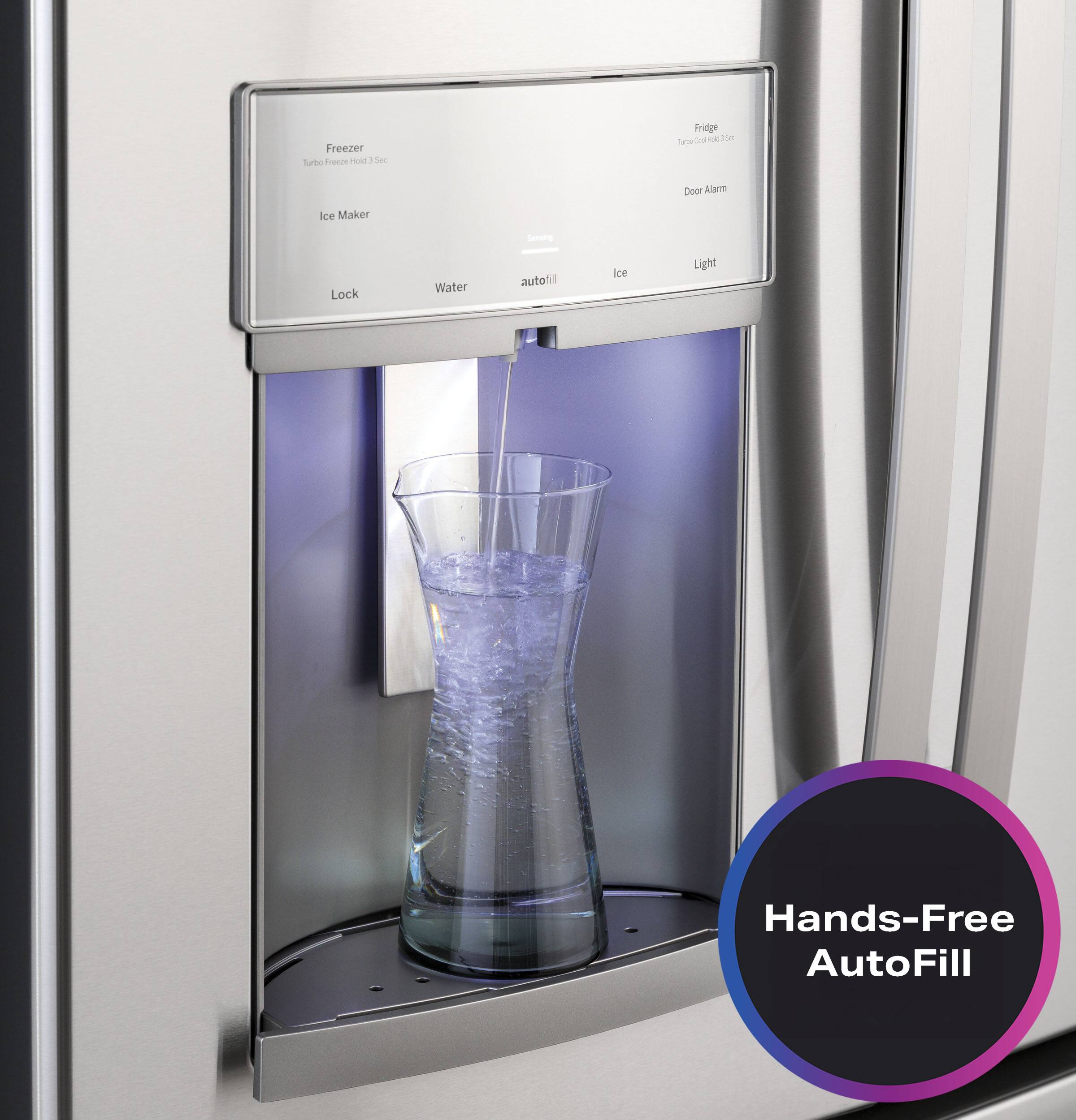 The text on the image is grouped and corrected as follows:

"Hands-Free AutoFill Ice and Water Dispenser - Lock Water Auto-Fill - Ice and Water Light - Auto-Defrost - Ice Maker - Alarm - Deodorizer - Water Filter - Energy Star Certified - 19.5 cu. ft. - Stainless Steel Finish - 4-Door Refrigerator - 2-Door Freezer - 10-Year Limited Warranty"