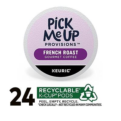 Pick Me Up Provisions  
French Roast Gourmet Coffee  
Keurig  

24 K-Cup Pods  
Recyclable*  
Peel, Empty, Recycle  
*Check Locally - Not Recycled in Many Communities