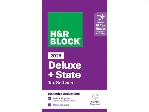 H&R Block AI Tax Assist Available Dec. 2025
2025 Deluxe + State Tax Software
Maximize Deductions
Federal Program (with 5 FREE federal e-files)
1 State Program*
PC/Mac Download