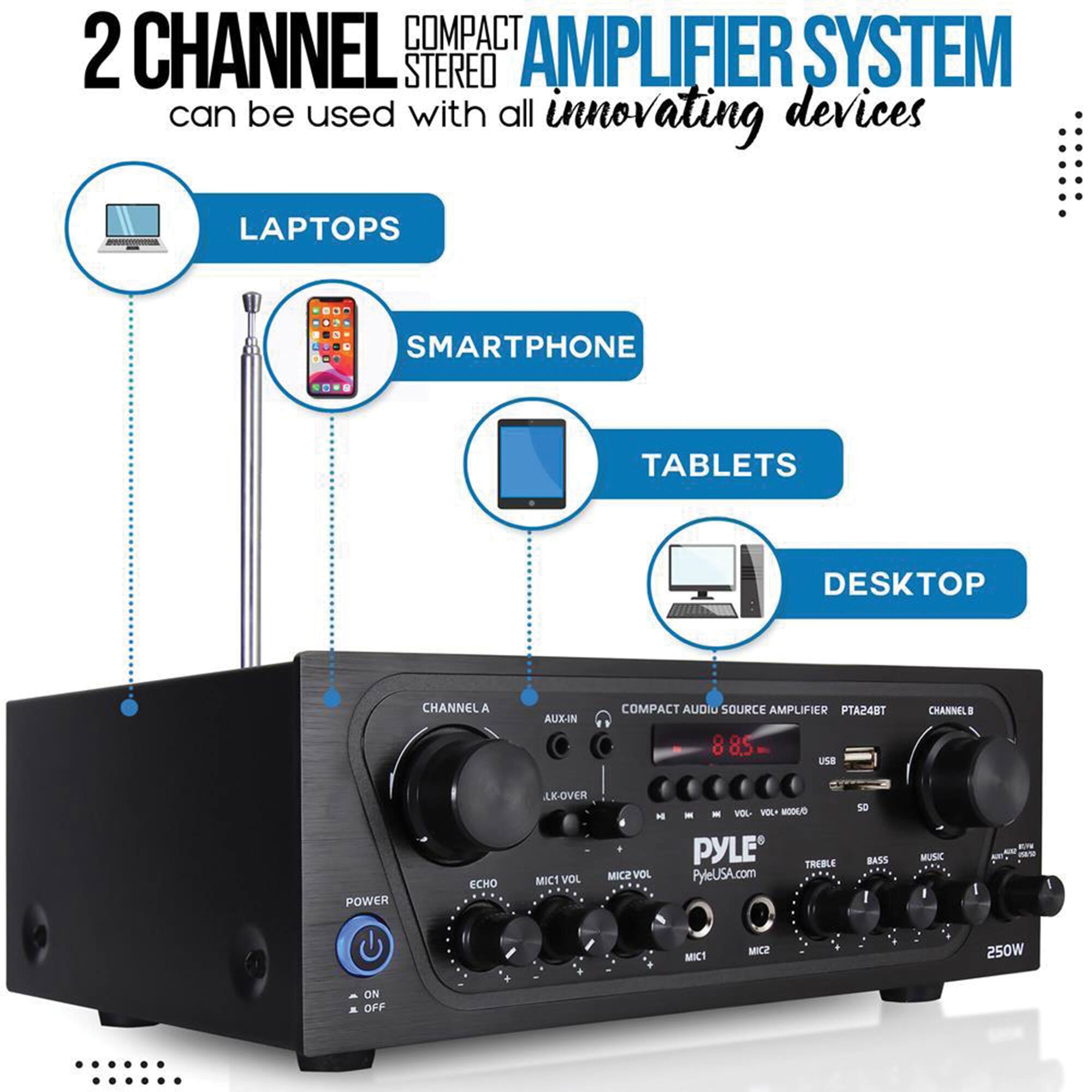 The image features a compact stereo amplifier system by Pyle. It is a 2-channel amplifier that can be used with various innovating devices such as laptops, smartphones, tablets, and desktop computers. The amplifier system has a compact design and can be connected to a laptop, smartphone, or tablet via the AUX-IN feature. It also has an 8-inch subwoofer for enhanced audio quality. The amplifier system is designed to provide a high-quality audio experience for users of all types of devices.
