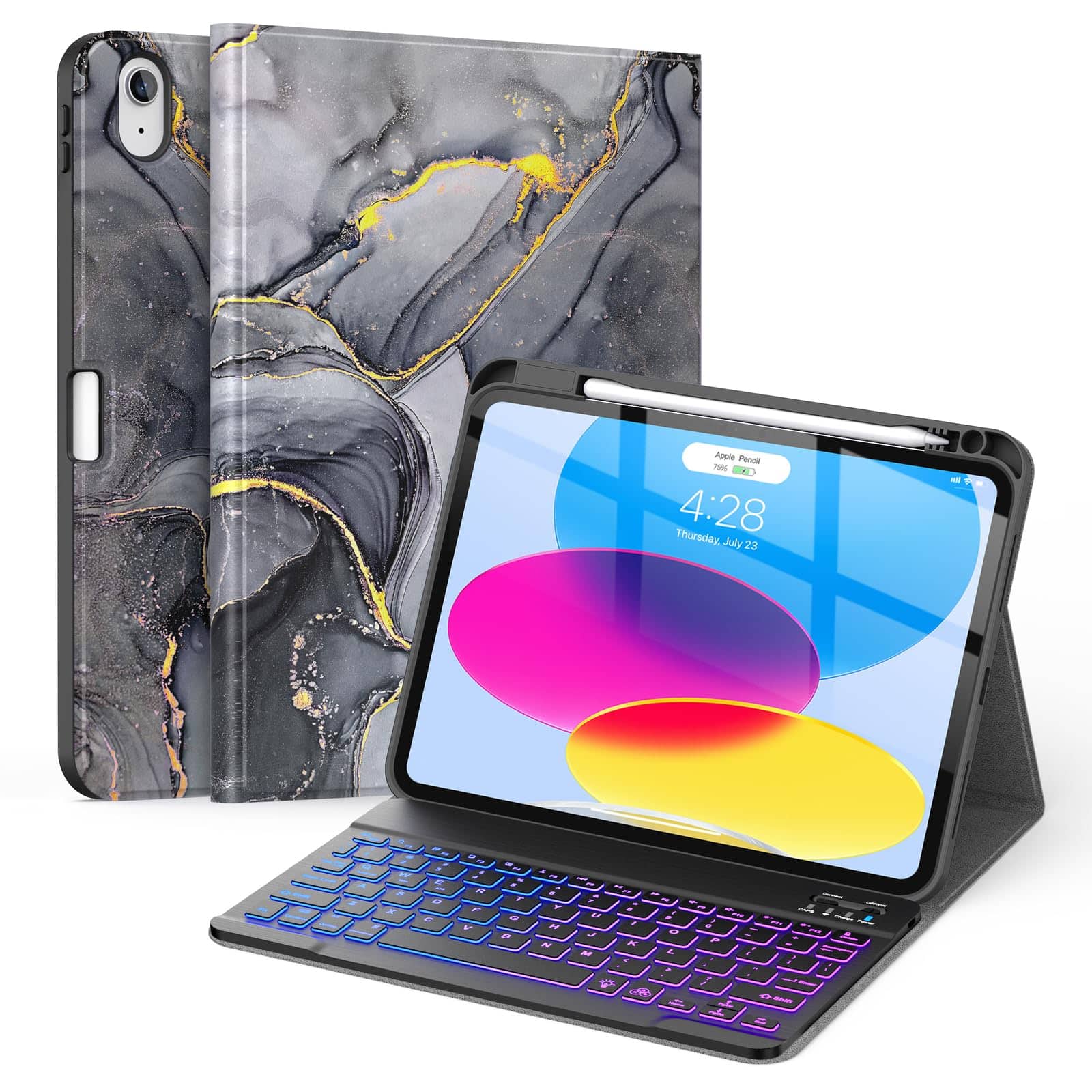 Pacoar Cade - For Ipad (a16) 11th/10th Generation Case With Keyboard(2025/2022)-7 Color Backlight Wireless Detachable Folio Cover - Black Marble