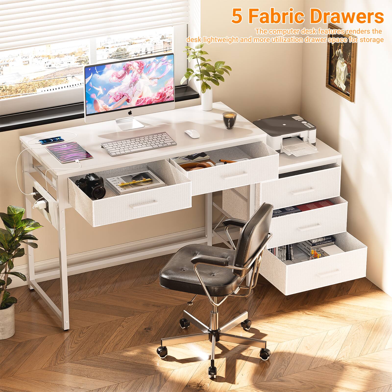 Aheaplus - Computer Desk with 5 Fabric Drawers, Corner Home Office Desk with Filing Storage and Charging Station - White