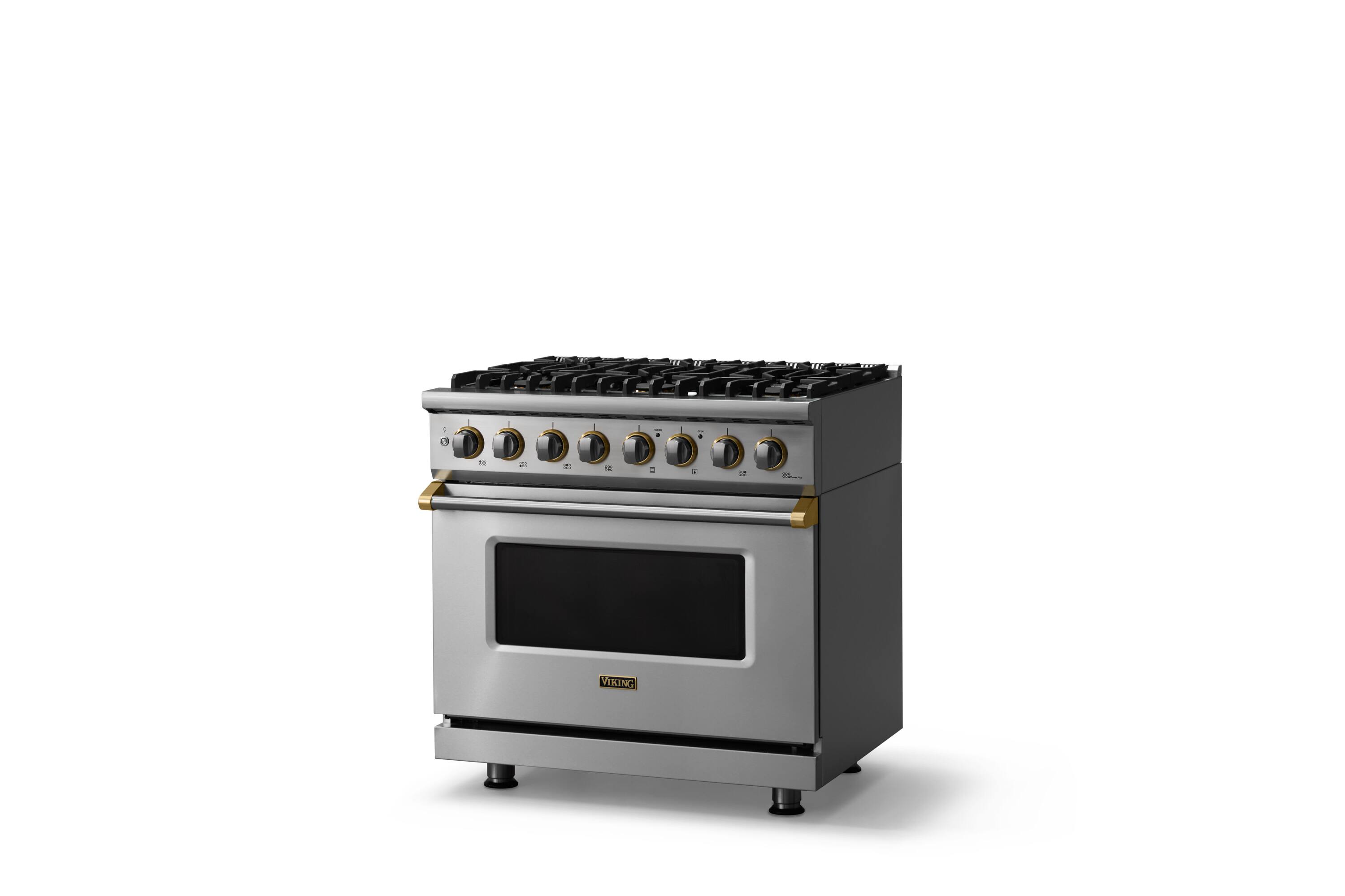 Angle. Viking - 36"W. Pro5S 5.6 Cu. Ft. Freestanding Self-Clean Sealed 6 Burner Dual Fuel Convection Range-Stainless Steel/Brushed Brass - Stainless Steel.