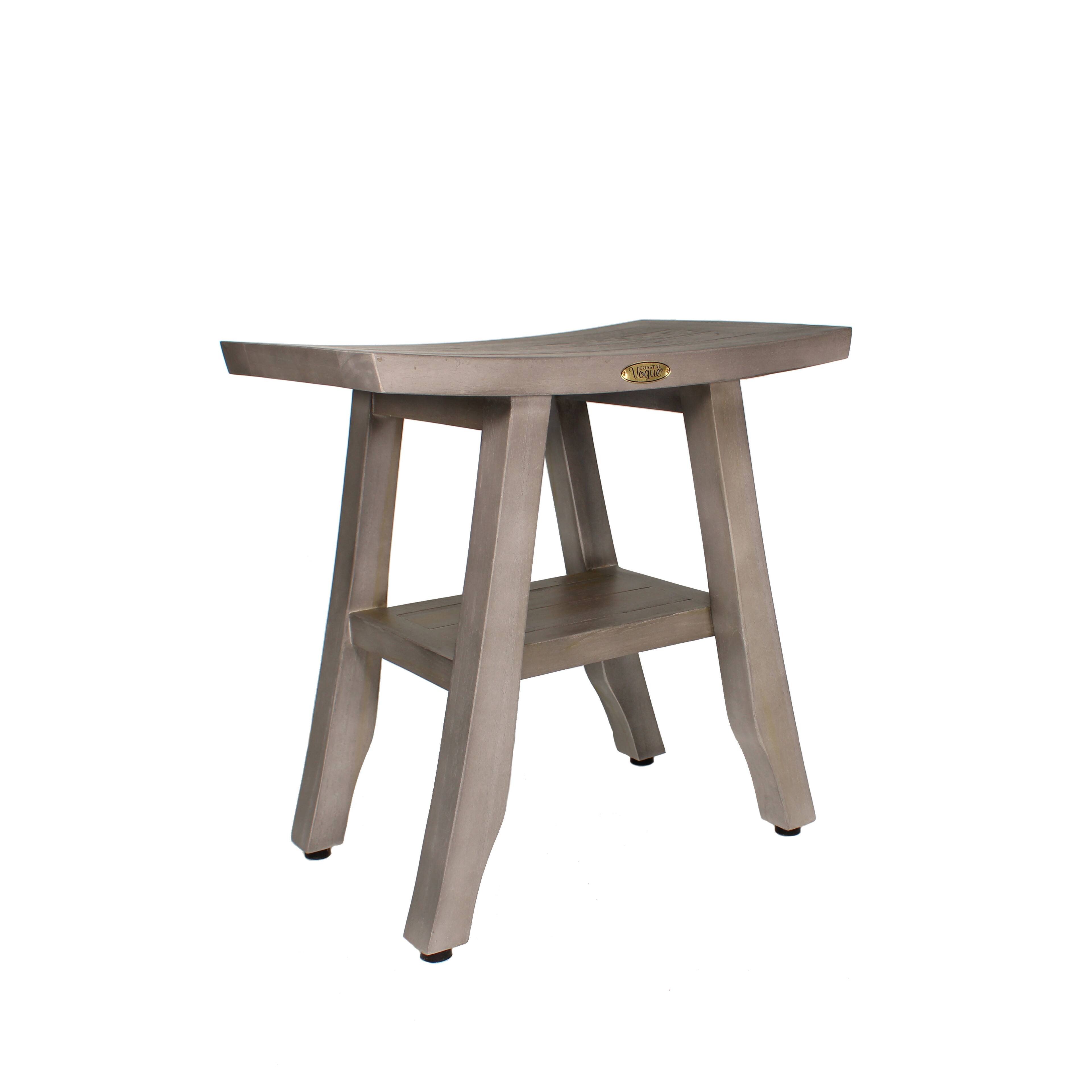 Angle. CoastalVogue - CoastalVogue Satori 18" Teak Wood Shower Bench with Shelf in Antique Gray Finish - Antique Gray.