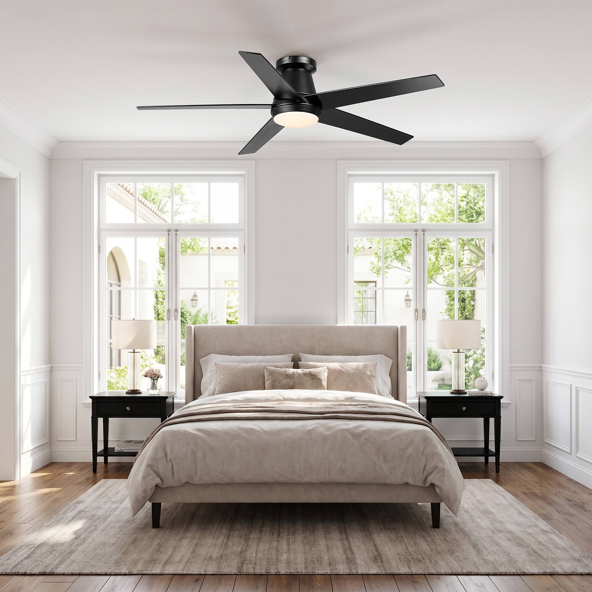 Left. Vaczon - 52 Inch Reversible Blades Flush Mount Smart Ceiling Fan with 3CCT Dimmable LED Light, Remote and App Control - Black.