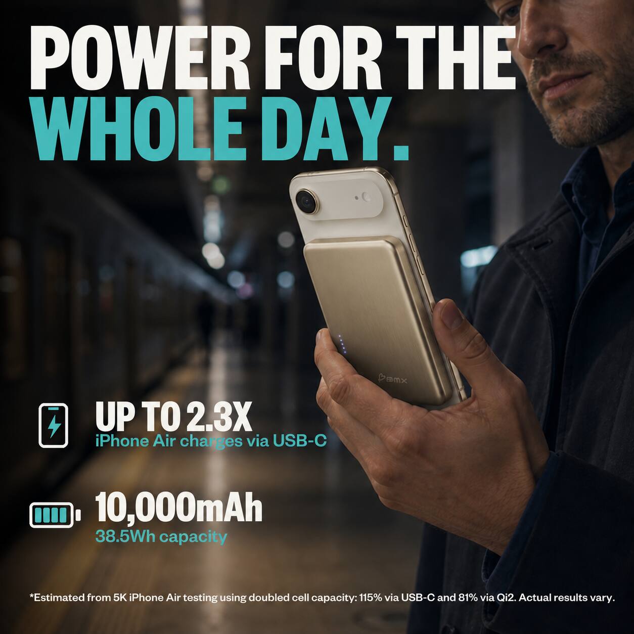 POWER FOR THE WHOLE DAY.

UP TO 2.3X iPhone Air charges via USB-C

10,000mAh 38.5Wh capacity

*Estimated from 5K iPhone Air testing using doubled cell capacity: 115% via USB-C and 81% via Qi2. Actual results vary.