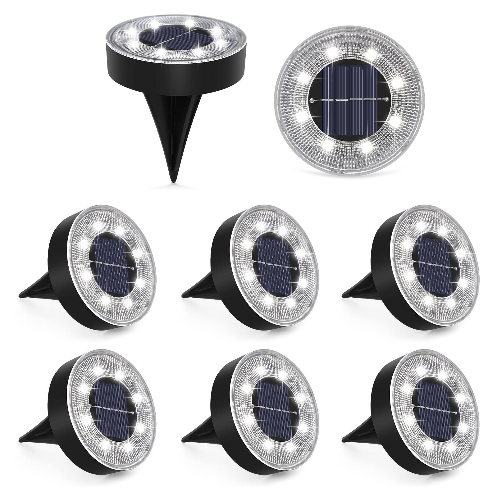 Angle. Oumilen - 8-Pack Solar Ground Lights, 8 LED Cool White Solar Disk Lights IP65 Waterproof In-Ground for Lawn Pathway Yard.