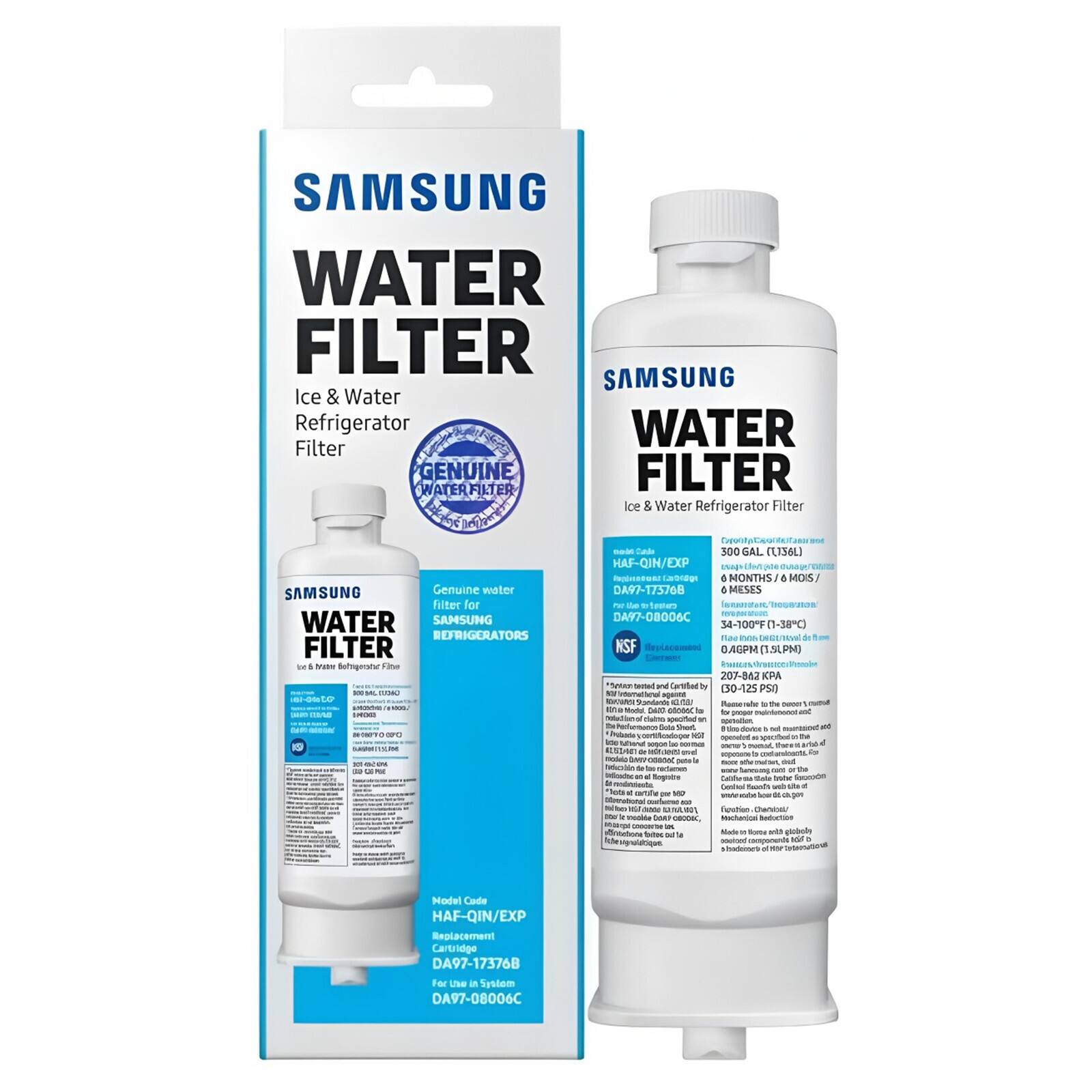 SAMSUNG WATER FILTER  
Ice & Water Refrigerator Filter  

Genuine water filter for SAMSUNG Refrigerators  

Model Code: HAF-QIN/EXP  
Replacement Cartridge: DA97-17376B  
For use in System: DA97-08006C  

300 GAL (1136 L)  
6 MONTHS / 6 MESES  
34-100°F (-38°C)  
6 GPM (2.2 LPM)  
30-125 PSI  

NSF Certified  

HAF-QIN/EXP  
DA97-17376B  
DA97-08006C  

Genuine water filter for SAMSUNG Refrigerators  

Model Code: HAF-QIN/EXP  
Replacement Cartridge: DA97-17376B  
For use in System: DA97-08006C  

300 GAL (1136 L)  
6 MONTHS / 6 MESES  
34-100°F (-38°C)  
6 GPM (2.2 LPM)  
30-125 PSI  

