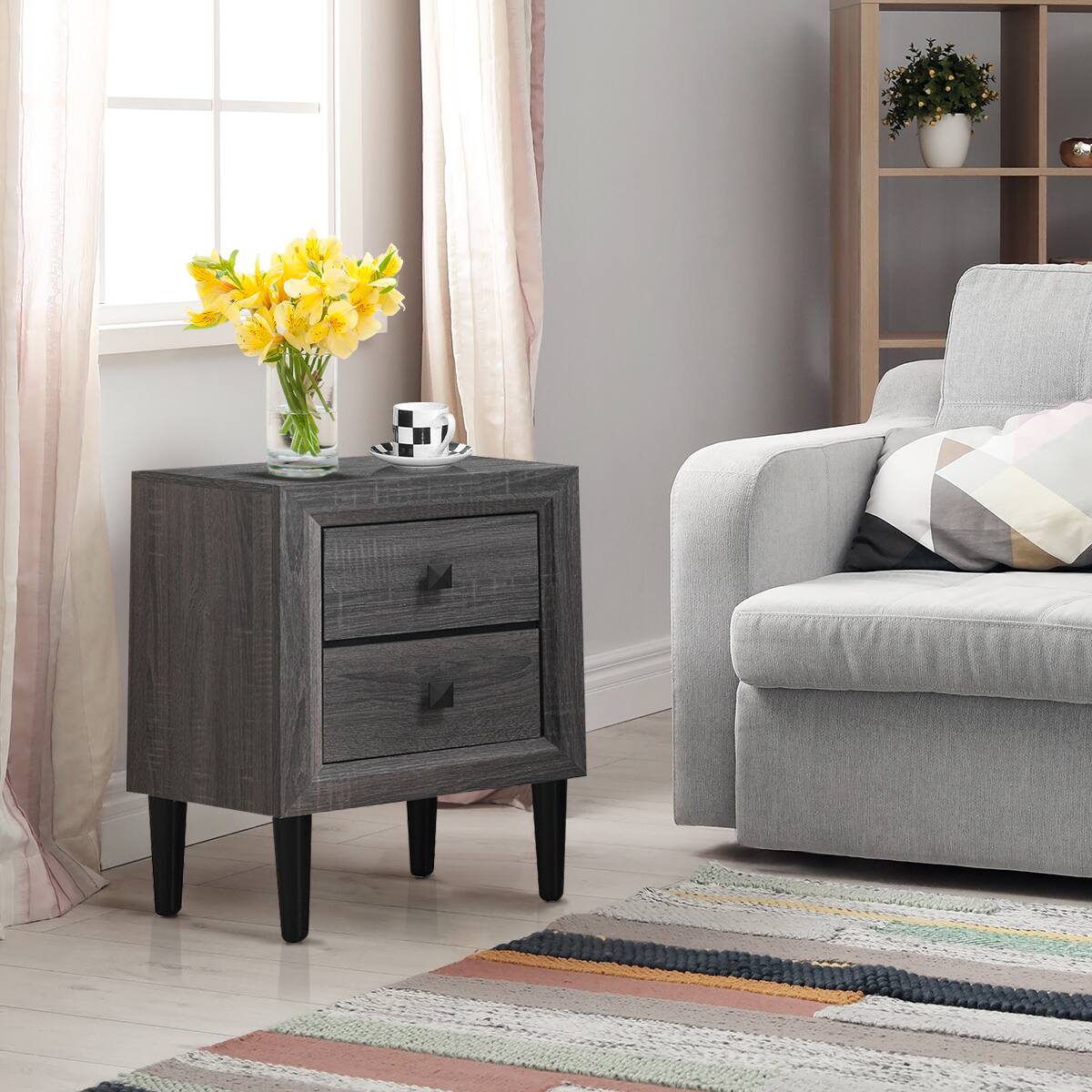 Alt View 15. Costway - 2PCS Nightstand with 2 Drawer Multipurpose Retro Grey Bedside Table Fully Assembled - Gray.