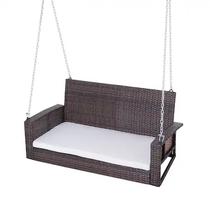 Front. Hivvago - Espresso Wicker Porch Swing 7ft Hanging Chain with Cream Padded Cushion - Espresso with Cream White.