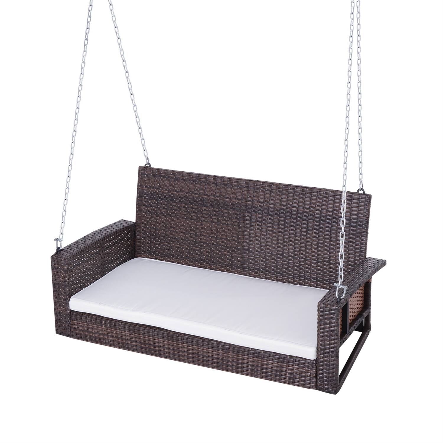 Front. Hivvago - Espresso Wicker Porch Swing 7ft Hanging Chain with Cream Padded Cushion - Espresso with Cream White.