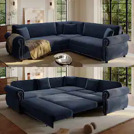 Anysun - 88.2" Convertible Chenille Upholstered L-Shaped Sofa Couch with Nailhead Trim & Rolled Arms for Living Room, Office - Blue